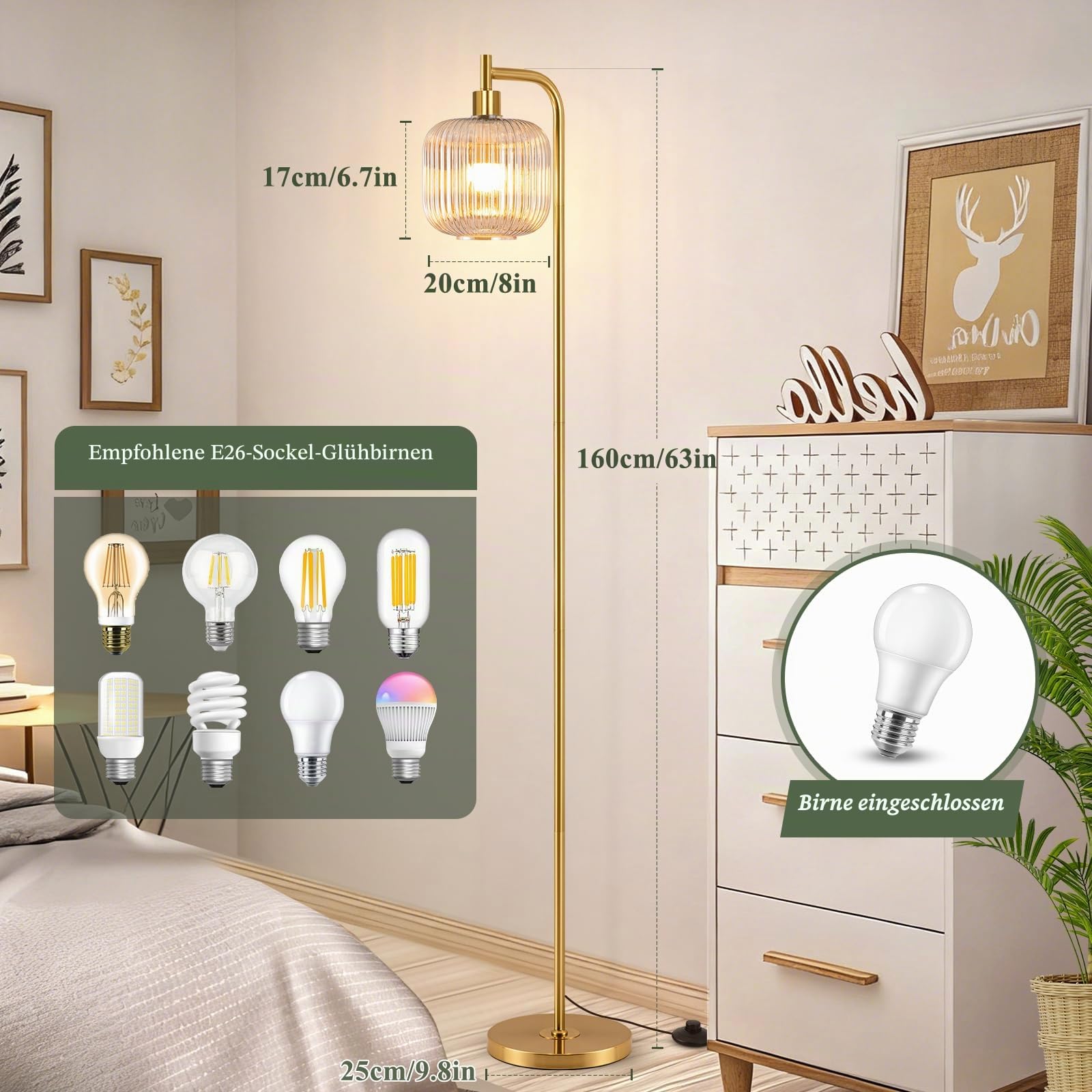 Retro LED Stehlampe Dimmbar, 160cm Vintage Stehlampe Wohnzimmer Mit Bernstein Glaslampenschirm, Fußschalter, Fernbedienung, 2700K-6500K, Moderne Stehlampen für Wohnzimmer Schlafzimmer Büro