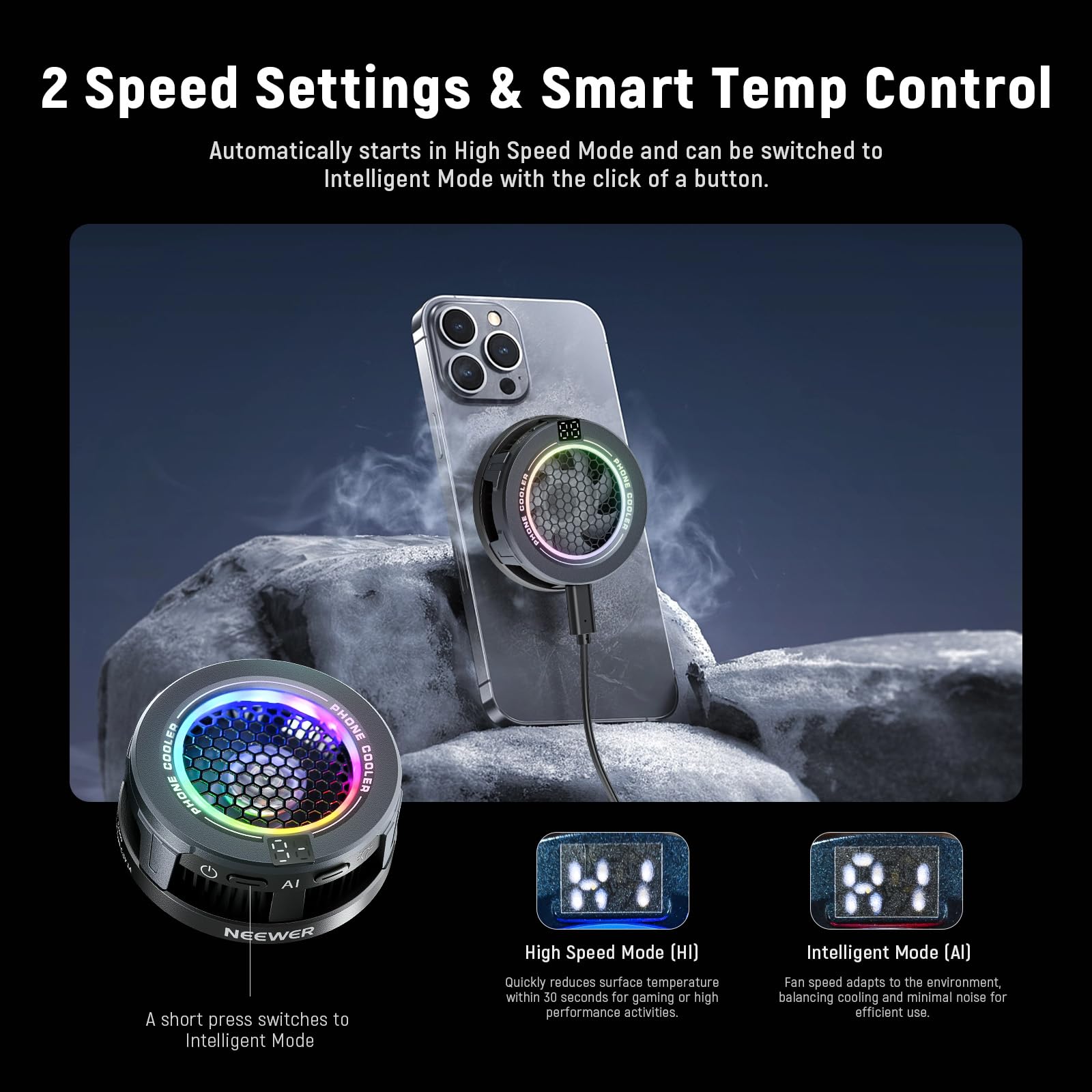 NEEWER BASICS RGB Phone Cooler Magnetico,Low Noise Ventola Raffreddamento USB per Gaming,Controllo Temp Smart,Anello Magnetico Compatibile con iPhone 15 16 17 Pro Max MagSafe Samsung S26 Ultra,PA069