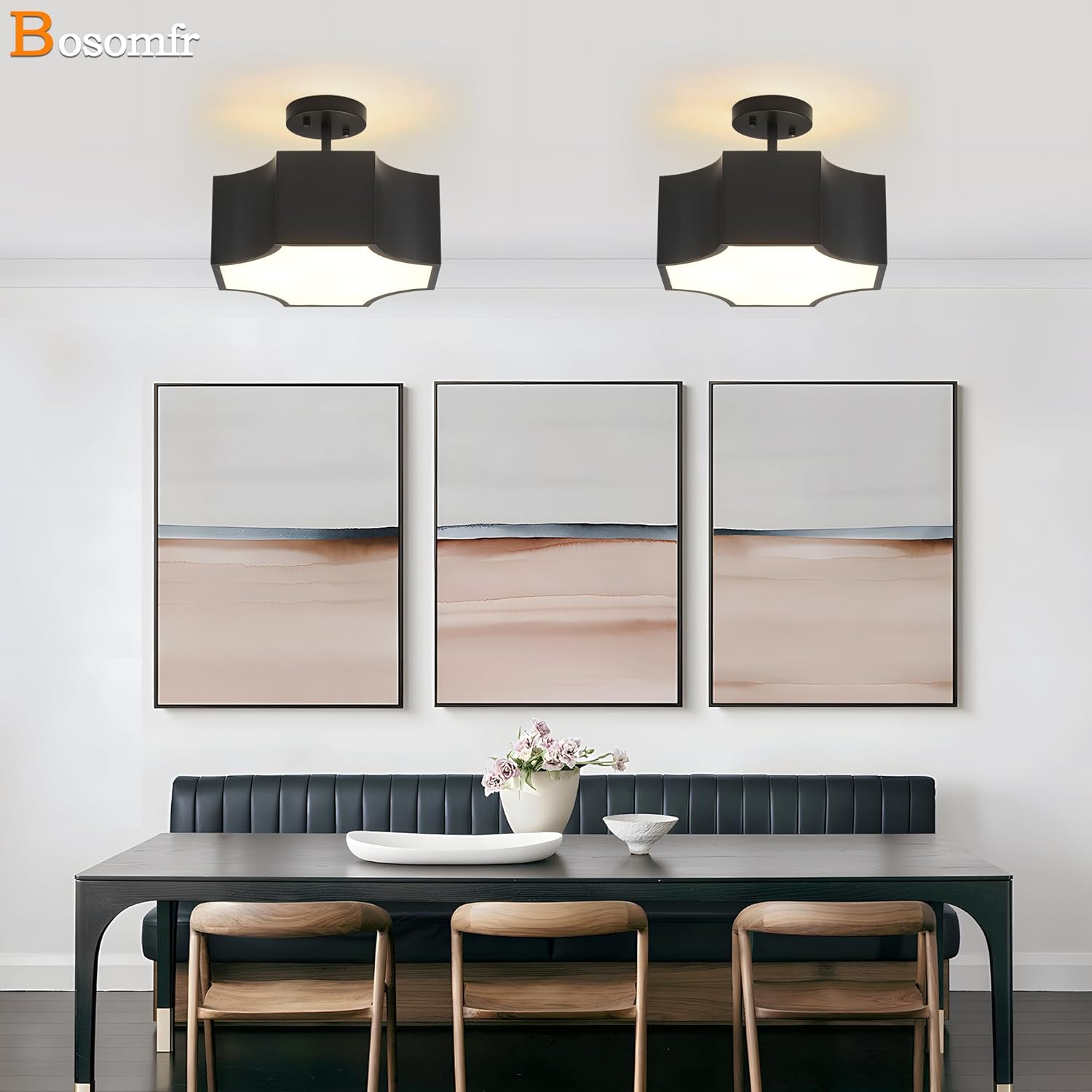Modern Black 3-Light Ceiling Light Fixture, 12.6'' Metal Industrial Semi Flush Mount Close to Ceiling Light, Farmhouse Light Fixtures Ceiling Mount, Geometry Chandelier for Kitchen, Hallway