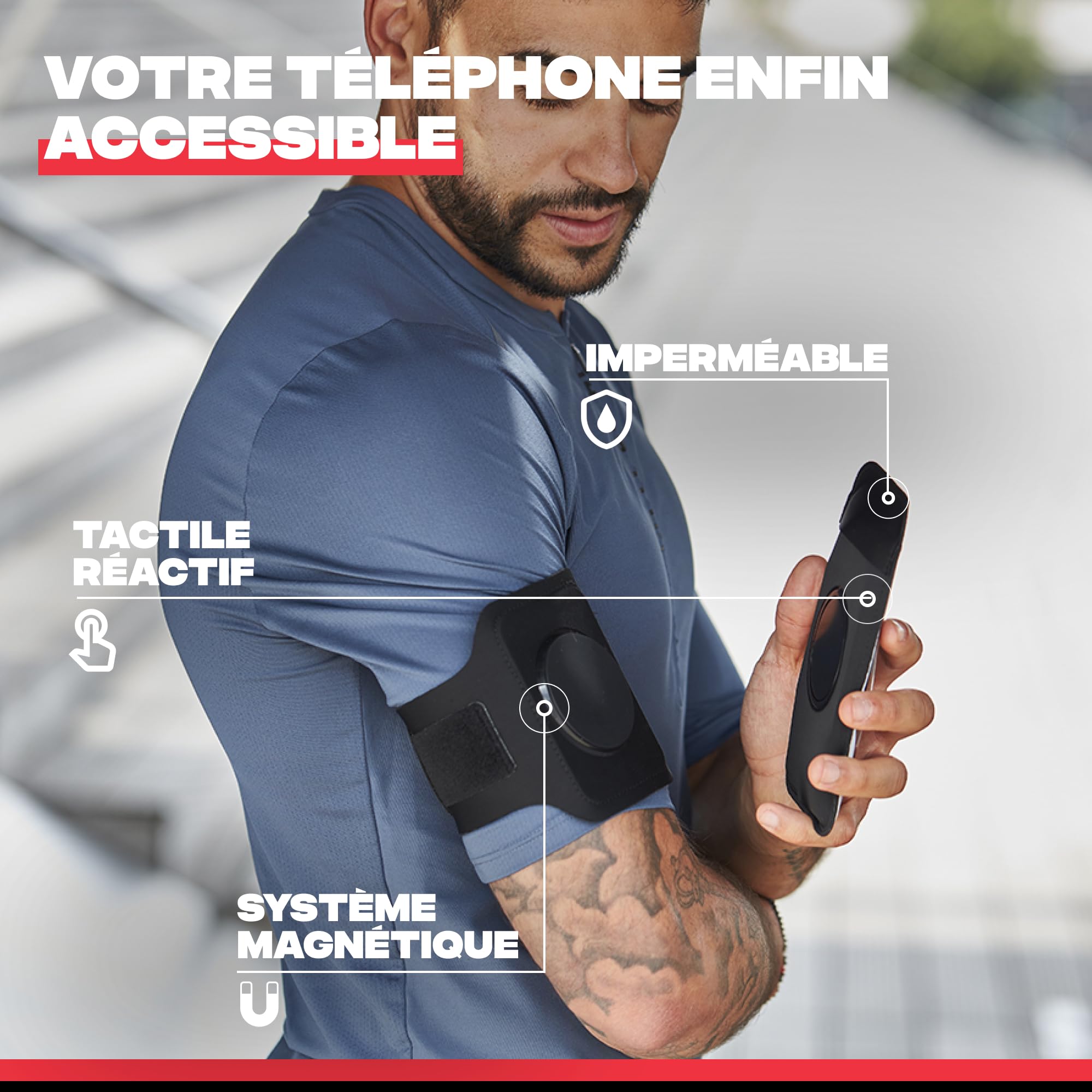 Shapeheart Brassard Téléphone Sport Magnétique - Pochette Résistante Pluie Détachable XL - Running, Trail, Randonnée - Maintien Optimal - Bras 20 à 38 cm, Universel | Tous Smartphones | Ajustable | Unisexe | Weatherproof | Tactile | Clap et Retrait 1 Gest