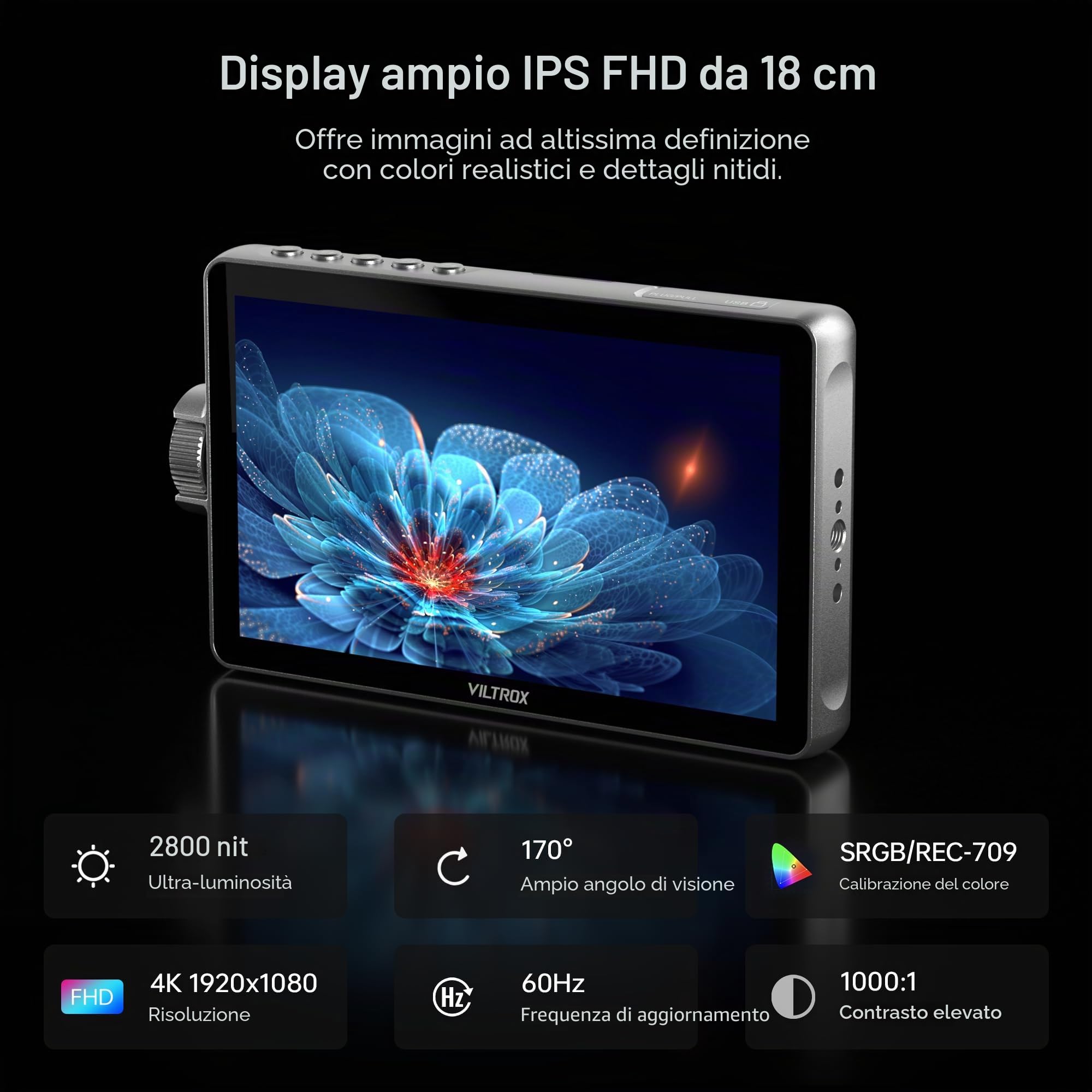 VILTROX DC-A1 2800 Nits Camera Field Monitor Touchscreen con 7 pollici Full HD 1920x1080 IPS 4K HDMI Loop in/Out, LUT 3D Forma d'onda Video Peaking Focus Assist, 170 ° Ampio Angolo di Visione