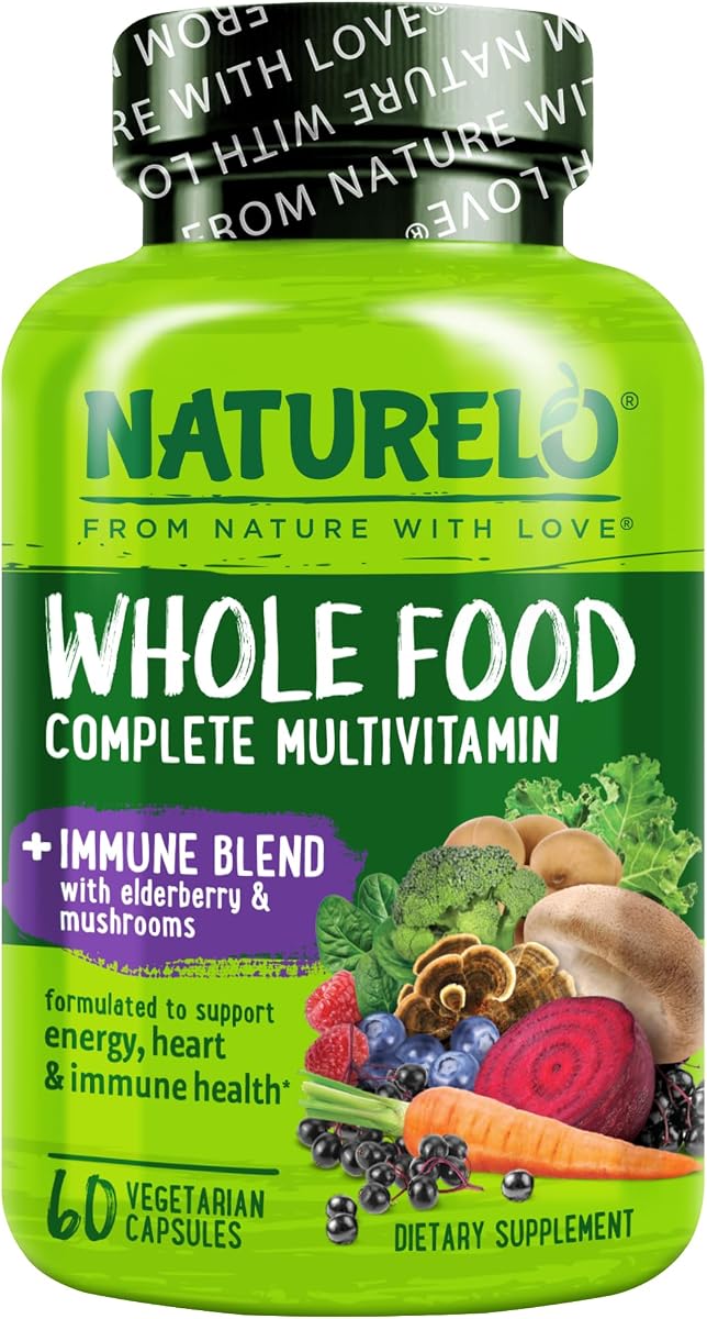 NATURELO Whole Food Multivitamin + Immune Blend with Elderberry & Mushrooms - Complete Multivitamin with Extra Immune Support - C, D3, Zinc, Elderberry, Reishi, Shitake - 60 Vegan Capsules