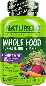 NATURELO Whole Food Multivitamin + Immune Blend with Elderberry & Mushrooms - Complete Multivitamin with Extra Immune Support - C, D3, Zinc, Elderberry, Reishi, Shitake - 60 Vegan Capsules