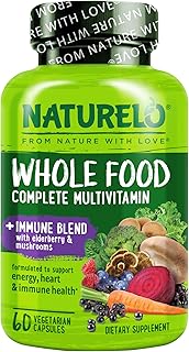 NATURELO Whole Food Multivitamin + Immune Blend with Elderberry & Mushrooms - Complete Multivitamin with Extra Immune Support - C, D3, Zinc, Elderberry, Reishi, Shitake - 60 Vegan Capsules