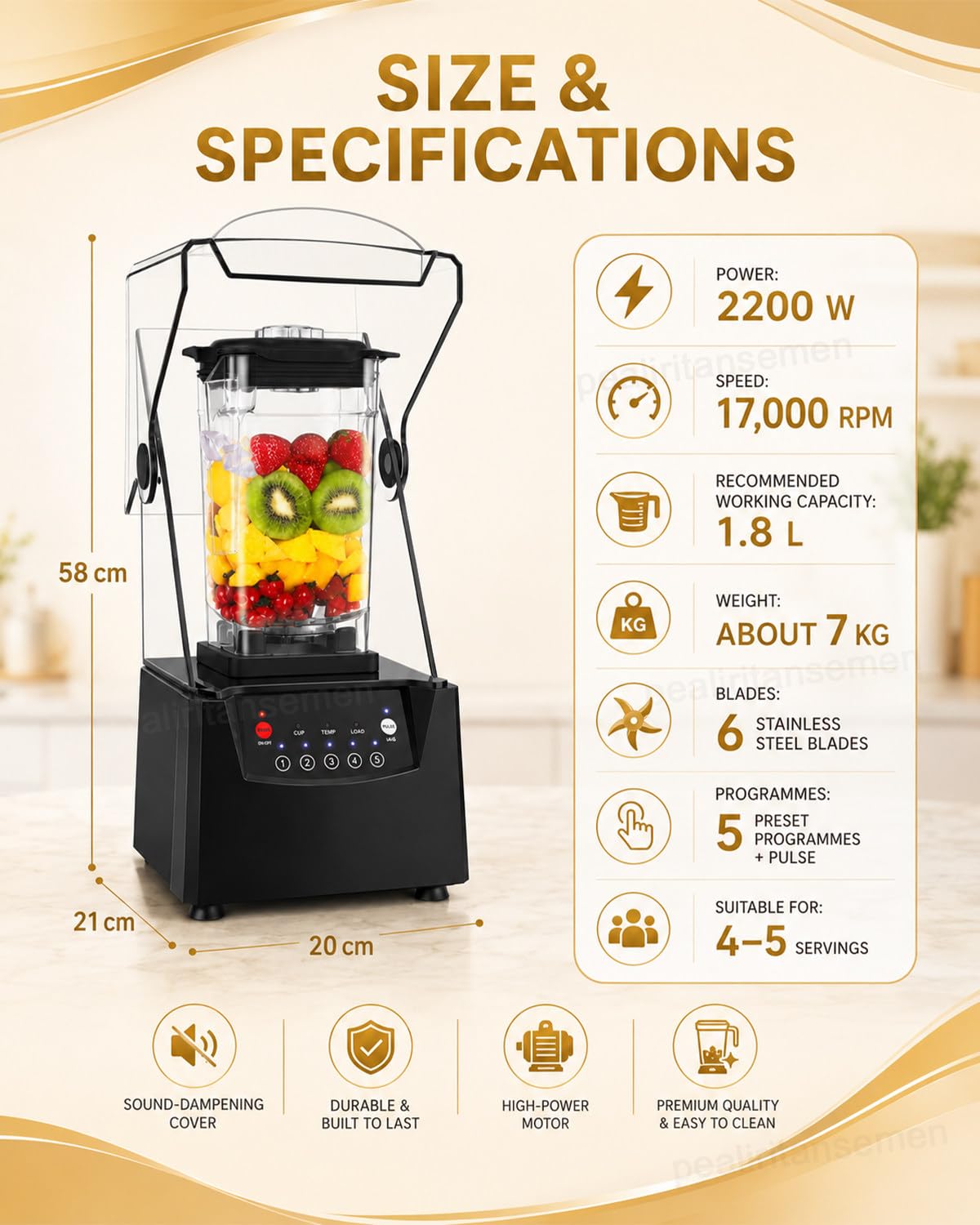 Wydajny Blender Gastronomiczny 2200 W, Kruszarka do Lodu i Blender do Smoothie z Silnikiem 17 000 obr./min, Kielichem 1,8 L, Osłoną Wyciszającą i 5 Programami do Kawiarni, Baru, Klubu