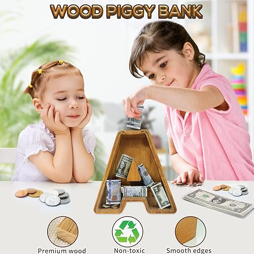 Miniatura 50 de Alcancía para niños y niñas, alcancía grande de madera personalizada con diseño recortado, bancos de monedas con letras del alfabeto, caja de ahorro