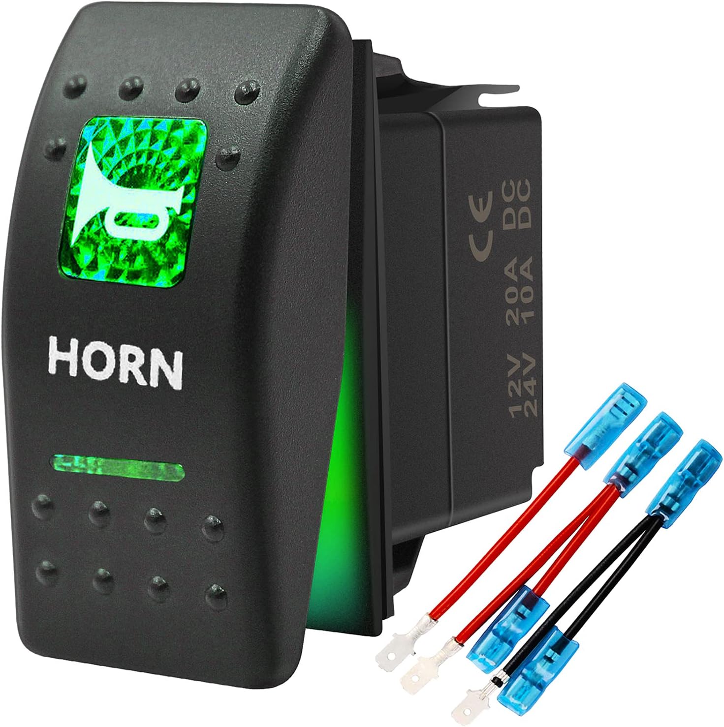 Momentary Horn Button Waterproof Rocker Switch Toggle - ON/Off Green LED Light - 12V 20Amp 24V 10Amp, 5 Pin for Automotive Car Vehicles Marine Boat Truck Trailer 4x4 Caravan RV ATV UTV & More
