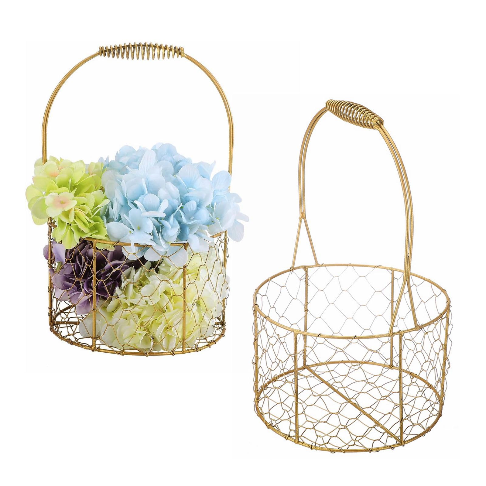 2PCS Gold Wire Storage Basket, Metal Iron Flower Girl Baskets for Weddings, Flower Girl Petal Basket with Handle, Rustic Flower Basket for Birthday Party Decoration (Round, 2PCS)