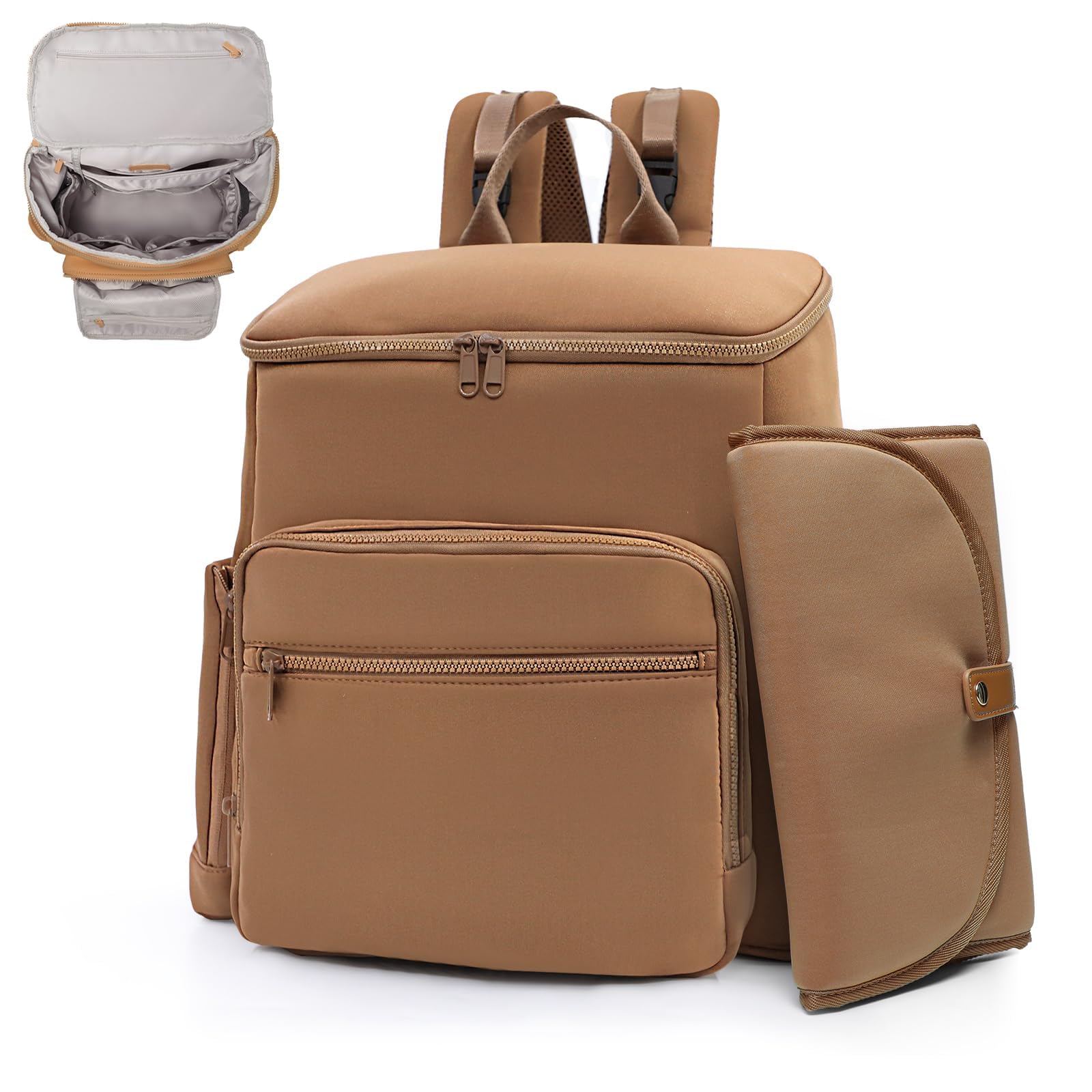 MISS FONG Changing Bag with Changing Pad Neoprene Nappy Backpack,Maternity Travel Baby Bag Stroller Straps,Insulated Pockets,Brown