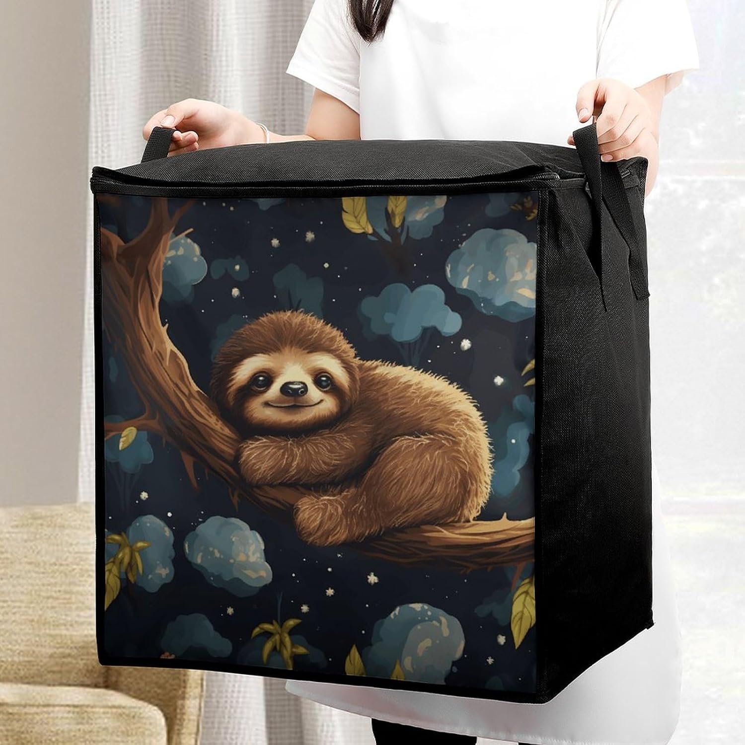 Cute Baby Sloths Sleeping Storage Bag Quilt Storage Bag with Sturdy Zippered Fashion Breathable Closet Organizer Storage Boxes with Carry Handles for Blanket Pillow Bedding