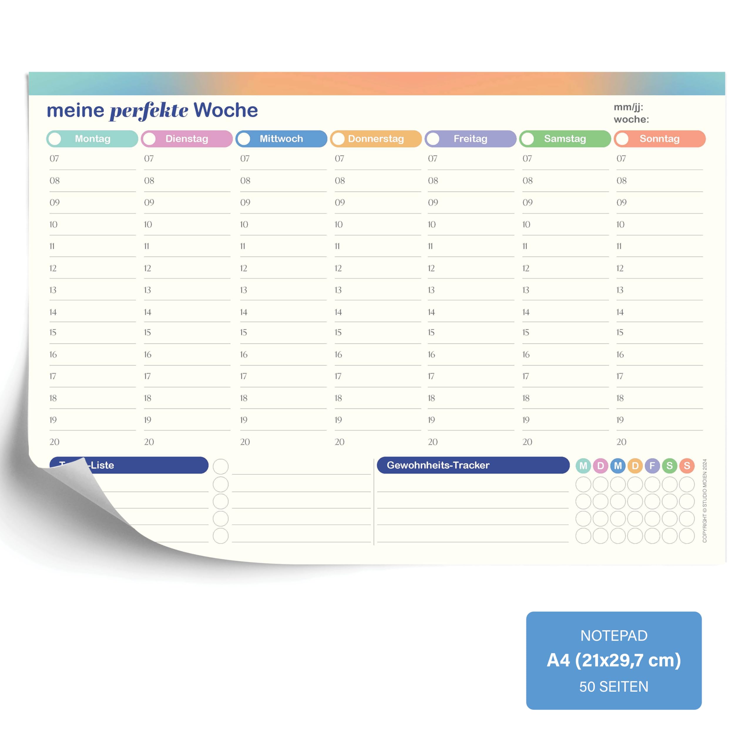 50 Sheets Weekly Planner A4 Size 29.7 x 21 cm Desk Pad Daily Planner To Do List Habit Tracker No Fixed Date for Family School Office (German) - Image 4