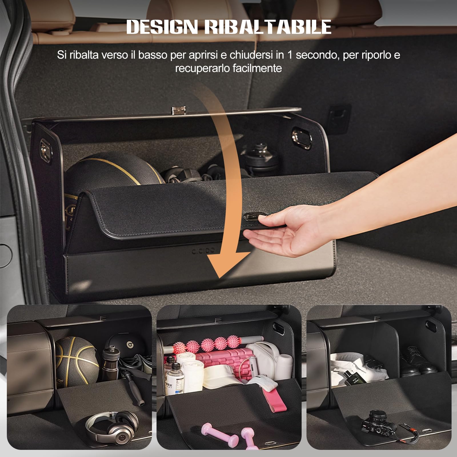 Ergocar Organizer pieghevole per bagagliaio, in pelle, apertura a 180°, scatola multi-scomparto, fondo antiscivolo, accessorio essenziale