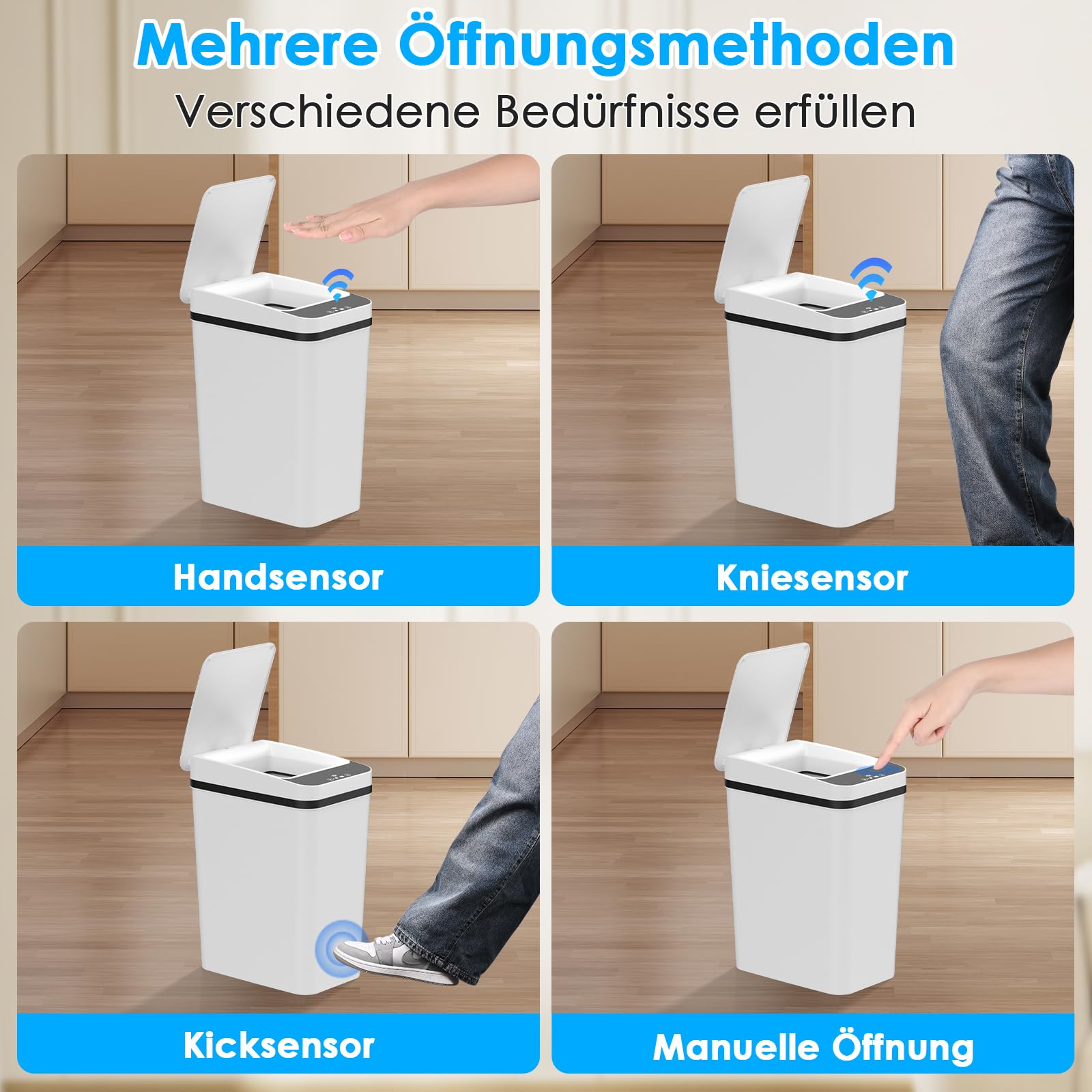 Dreamhigh 2er Set Mülleimer Mit Sensor, 12L Elektrischer Mülleimer Mit Automatischem Deckel, Smart Mülleimer Mit 3 Öffnungsmodi, Leise & Wasserdicht Für Küche, Bad, Büro, Wohnzimmer (Weiß)