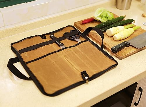 Miniatura 6 de Lona encerada resistente, estuche multiusos para cuchillos con 5 ranuras, mango duradero, banda elástica (caqui)