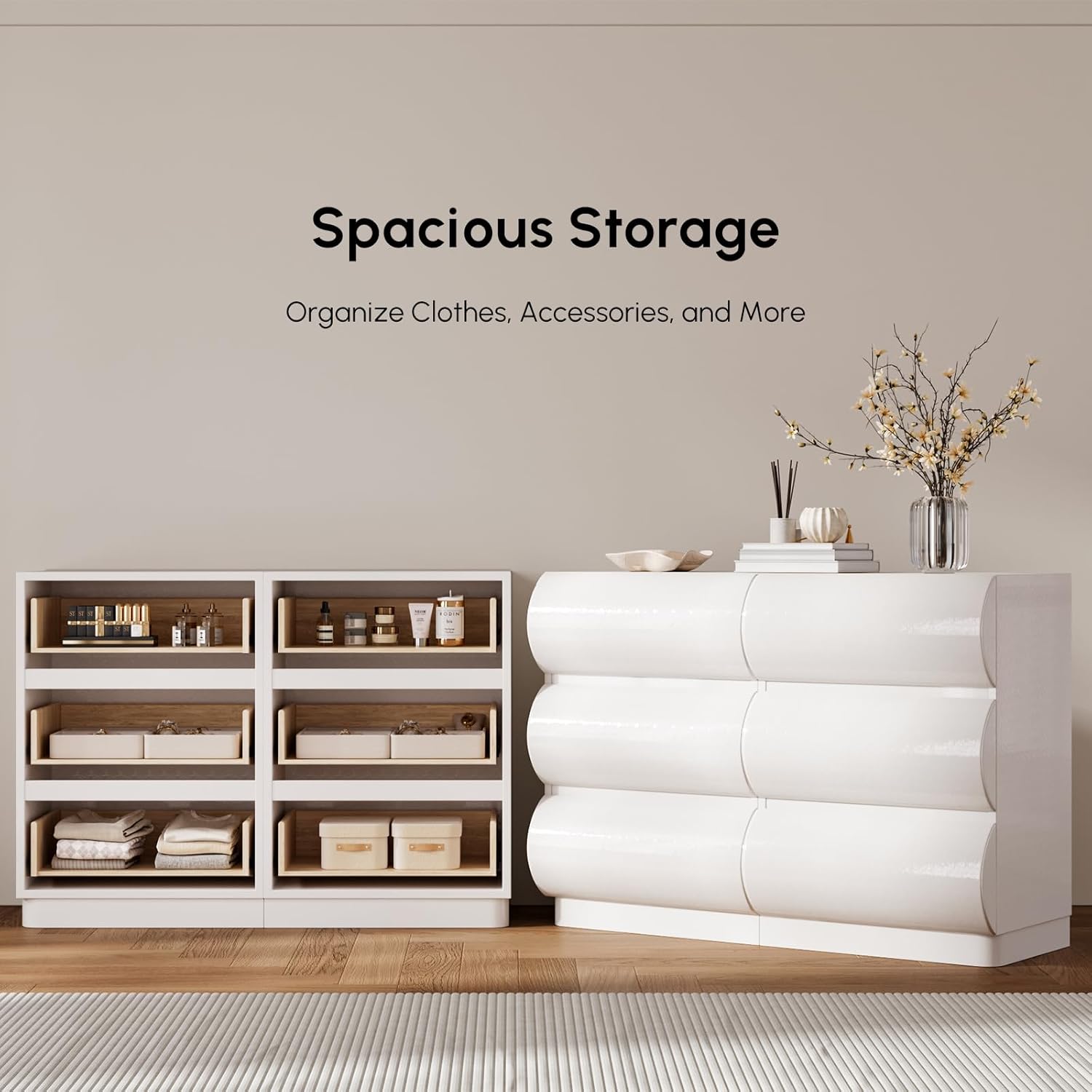 homary Modern 6 Drawers Dresser, 39.4" Wide Faux Leather Chest of Drawers with Modern Design, Storage Dressers Organizer for Bedroom Living Room Hallway, White