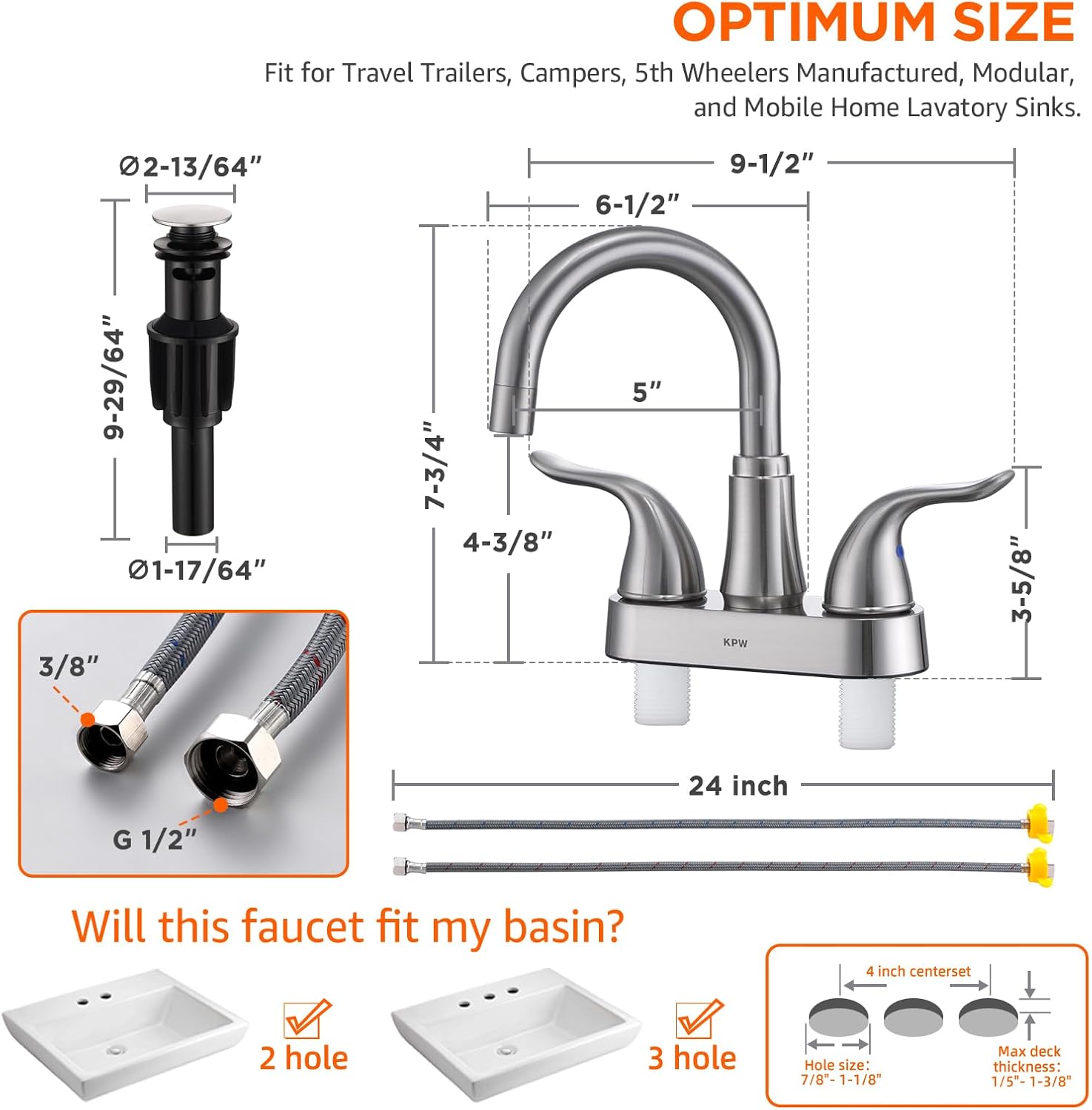 KPW Bathroom Sink Faucet 2 or 3 Hole Brushed Nickel Centerset 4 Inch Bathroom Sink Faucet 2 Handle Over ABS Non-Metallic Lavatory Bathroom Faucet with Pop up Drain Water Supply Hoses - Image 2