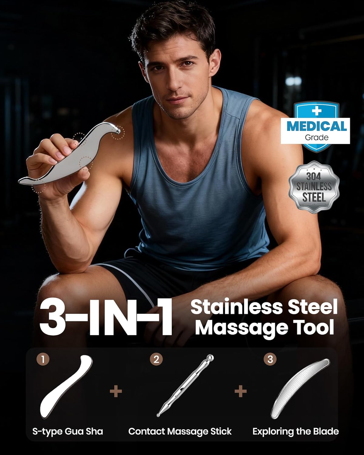 lifechill 3-in-1 Stainless Steel Gua Sha Tool, Professional Trigger Point Massage Tools & Fascia Release Scraper for Muscle Pain Relief of Neck, Shoulder, Leg & Body - Image 2