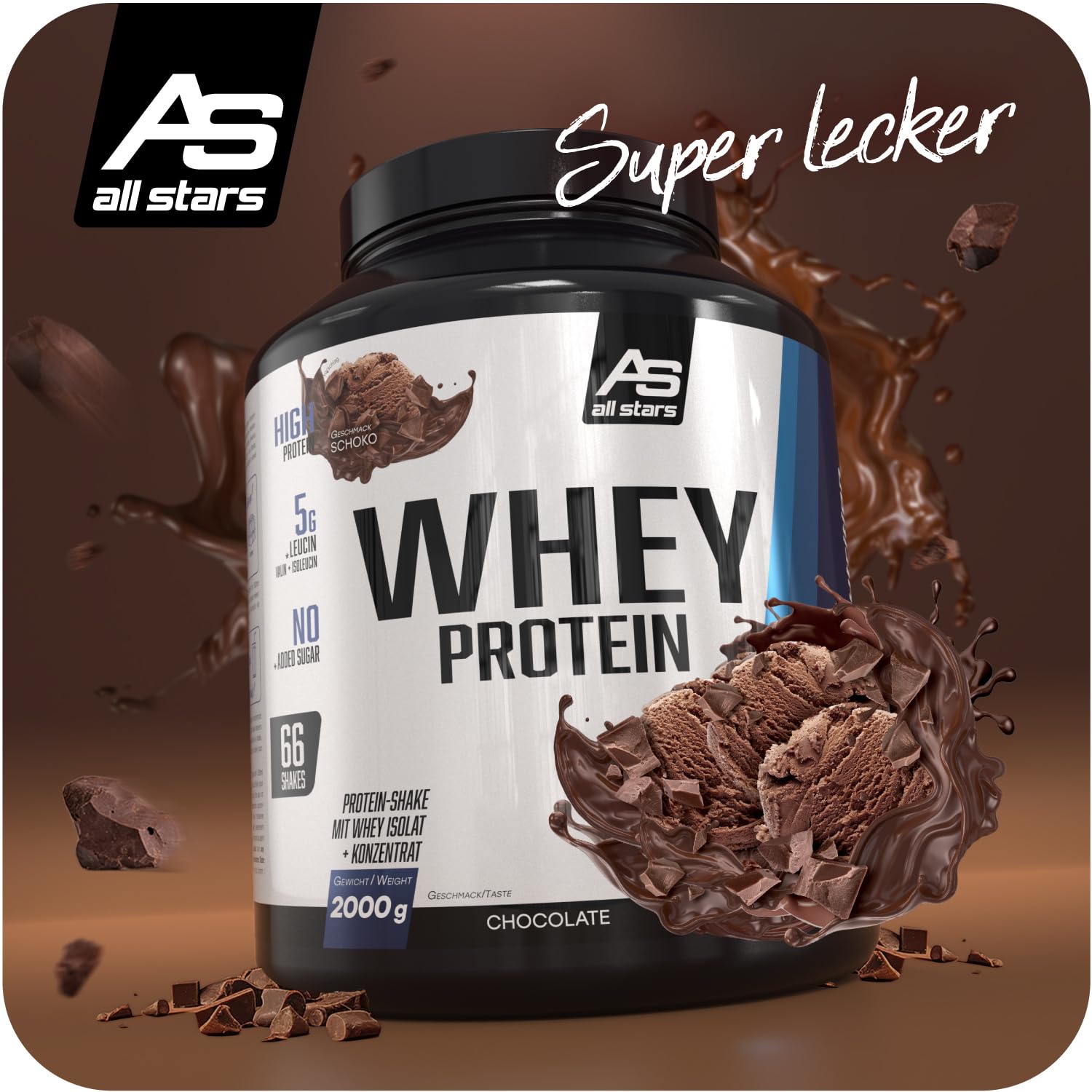 All Stars WHEY PROTEIN 2000g I Eiweiß-Pulver mit Whey-Konzentrat & Isolat I leckeres Low-Fat Powder I hochwertiges Protein-Pulver I cremiger Protein-Shake mit Chocolate Flavour