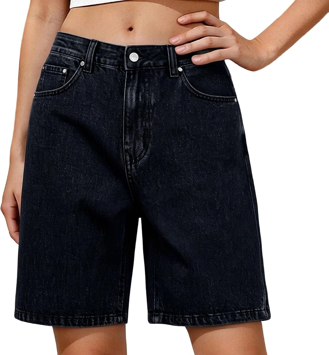 Bermudas de mezclilla para mujer hasta la rodilla, talle alto, ajuste relajado, pantalones cortos de mezclilla de moda con bolsillos