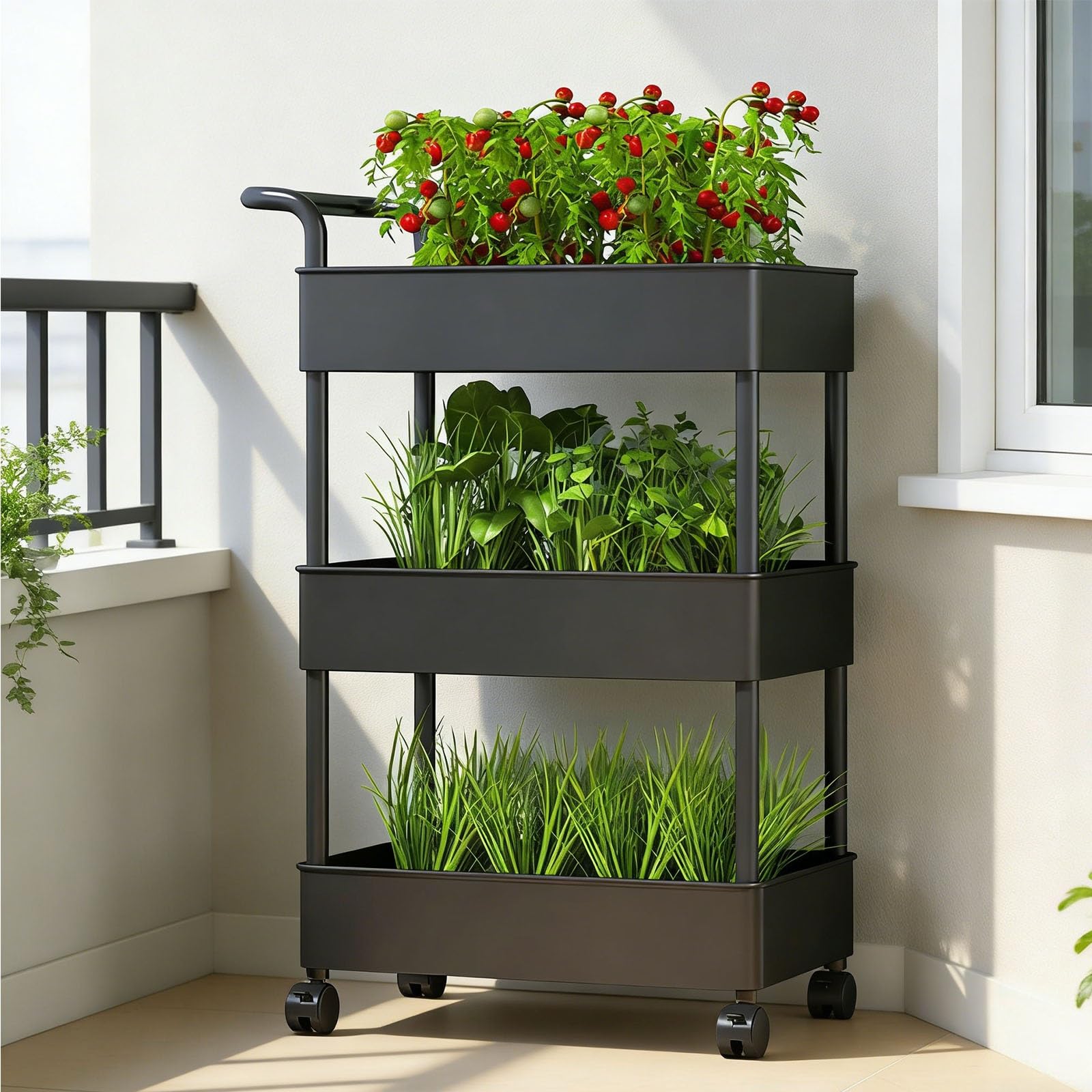 Sistema de cultivo hidropónico, cama de jardín elevada vertical con ruedas, carrito de plantación de varios niveles para frutas y verduras