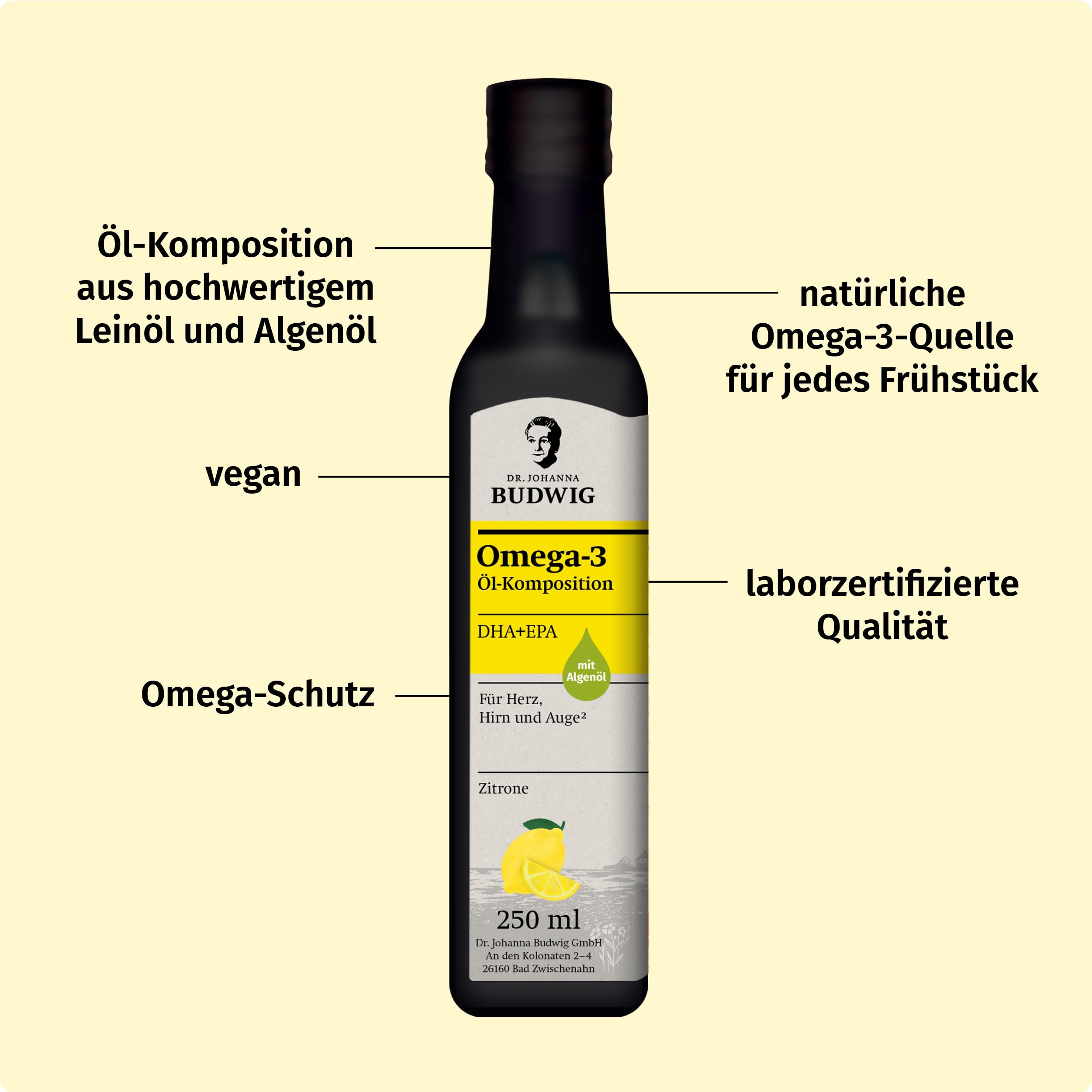 Dr. Budwig Premium Omega 3 DHA + EPA Öl Zitrone (250ml) | Bio Leinöl & Algenöl - hochdosiertes DHA & EPA - vegan - flüssig - laborgeprüft - Omega 3 für Kinder - Alternative Fischöl
