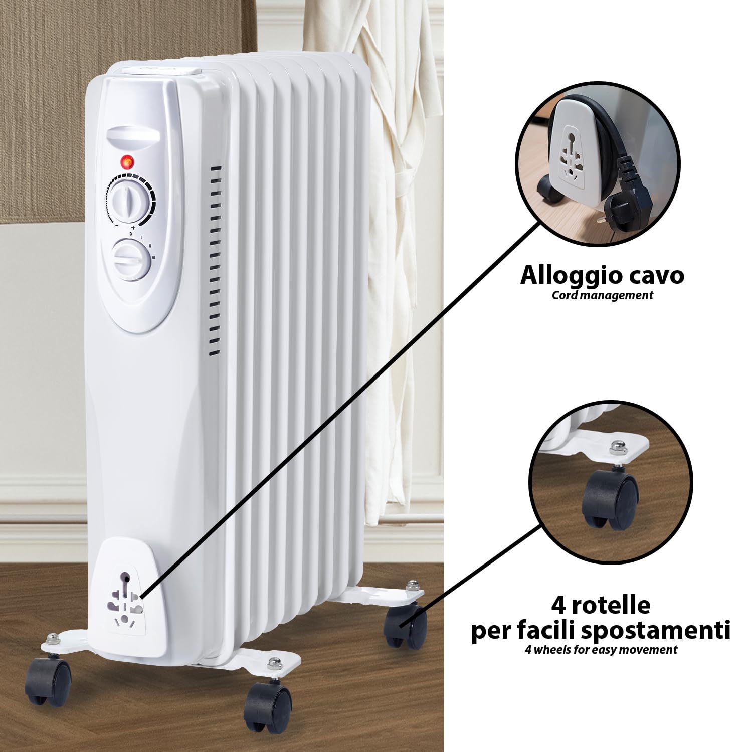 Velamp Radiatore ad Olio 9 elementi 2000 W – riscaldamento silenzioso e uniforme, 9 lamelle efficienti, termostato regolabile, ruote trasportabili
