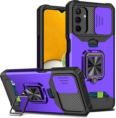Funda diseñada para Samsung Galaxy A13 5G, soporte giratorio con soporte para tarjetas, cubierta deslizante para cámara, protección de lente, funda