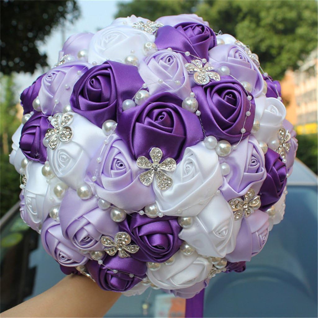 S_SSOY Wedding Bouquet Bride Bridal Brooch Bouquets Bridesmaid Bouquet Diamond Pearl Ribbon Valentine's Day Confession Party Church with Free Corsage Flower, Purple+Lilac+White