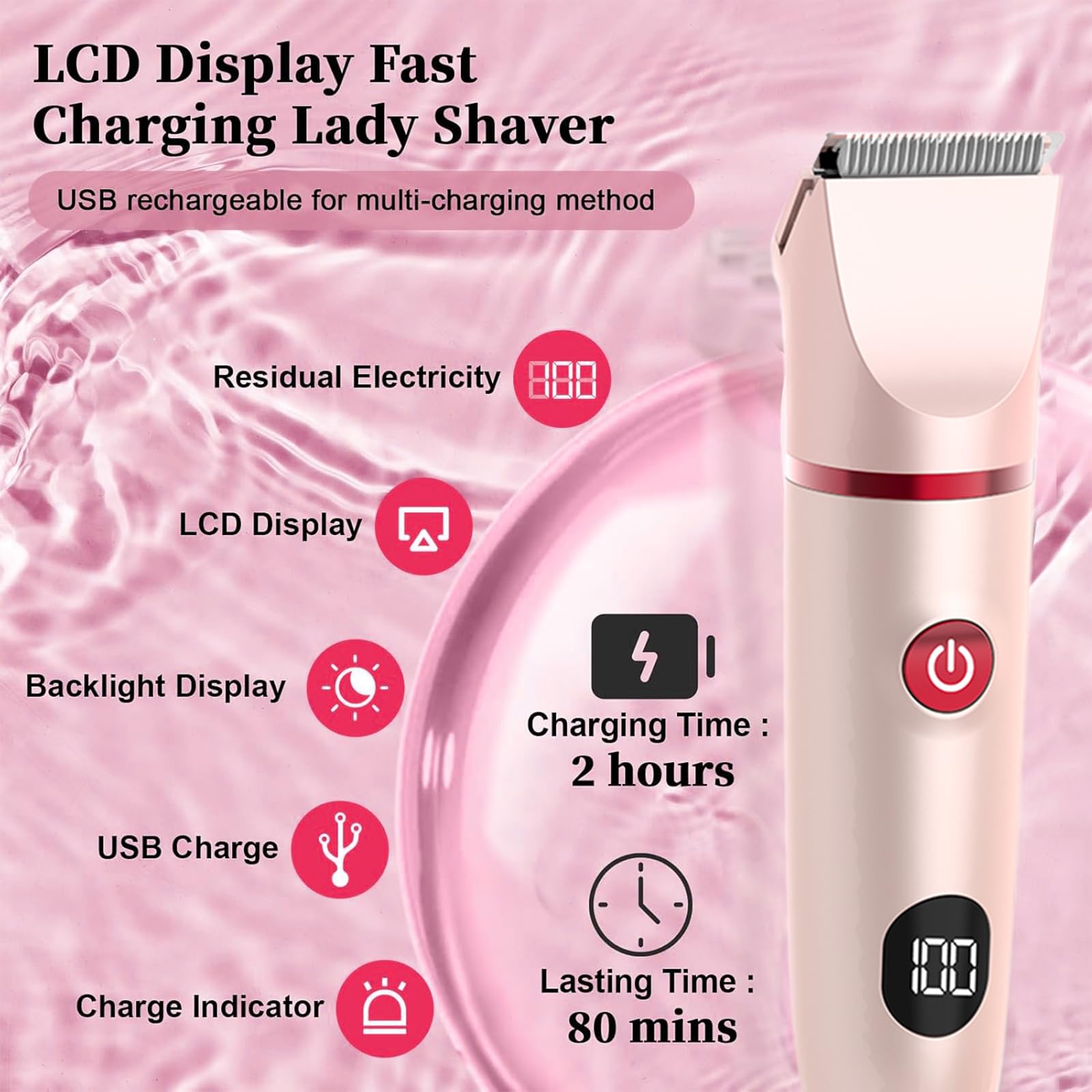 3 in 1 Rasoir Electrique Femme, Tondeuse Intime, IPX7 Étanche Rasoir Femme, utilisation humide et sèche pour le visage, les aisselles, les jambes (Rose)