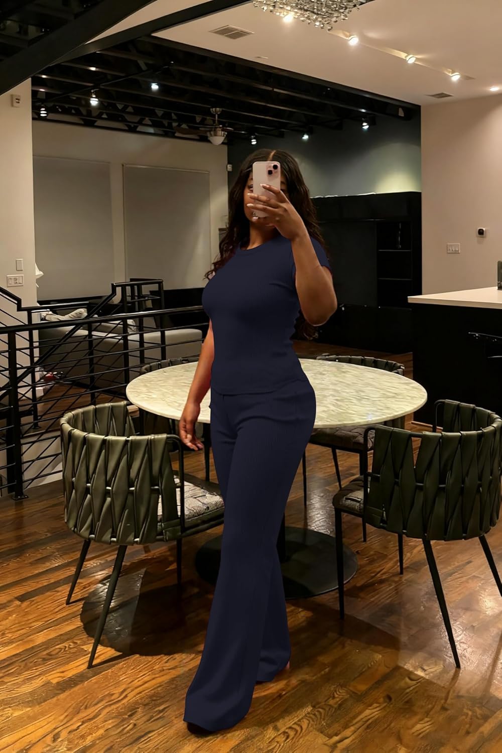 HBQ Women Two Piece Outfit Ribbed Short Sleeve V Neck Polo Top and Flare Pants Casual Lounge Sets Tracksuit - Image 3