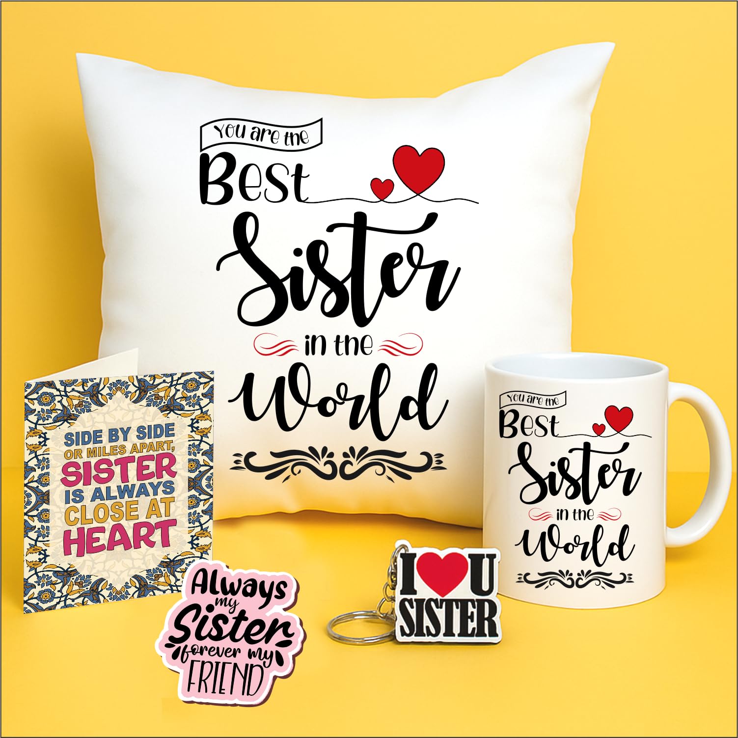 PICRAZEE Gift Combo for Sister – 12" Cushion with Filler, Ceramic Mug, Keyring, Fridge Magnet & Greeting Card | Birthday/Raksha Bandhan Gift Hamper-image-40