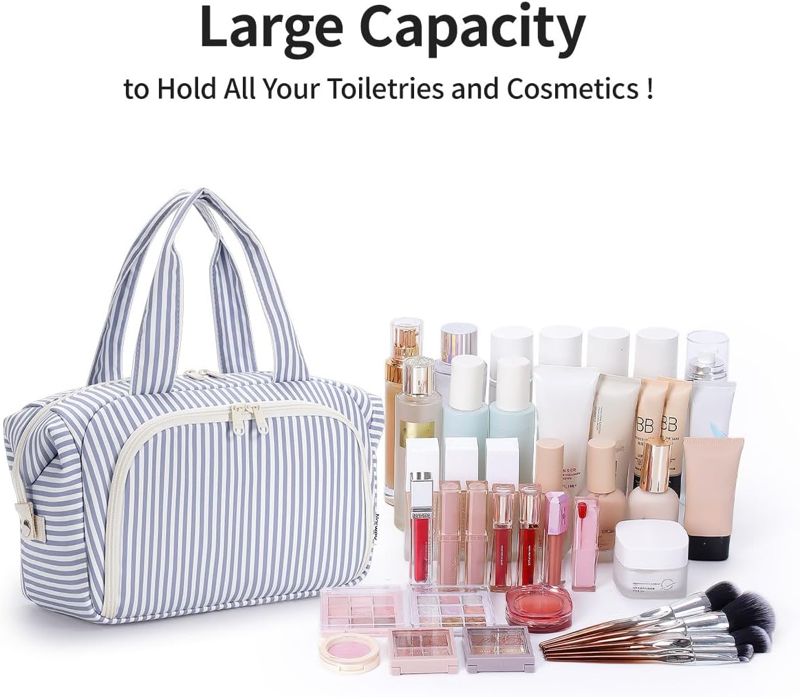 Narwey Travel Toiletry Bag for Women, Striped Large Makeup Bag, Wide-open Cosmetic Make Up Organizer with Handle, Travel Bag for Toiletries, Essentials, Accessories (Greyish Blue Stripe) - Image 6