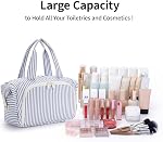 Narwey Wide-Open Sac de toilette Femmes, Sac de voyage rayé, Grand maquillage Cosmétiques Sac Organisateur avec poche humide pour les produits de toilette essentiels de taille Voyage (Greyish Blue Stripe)