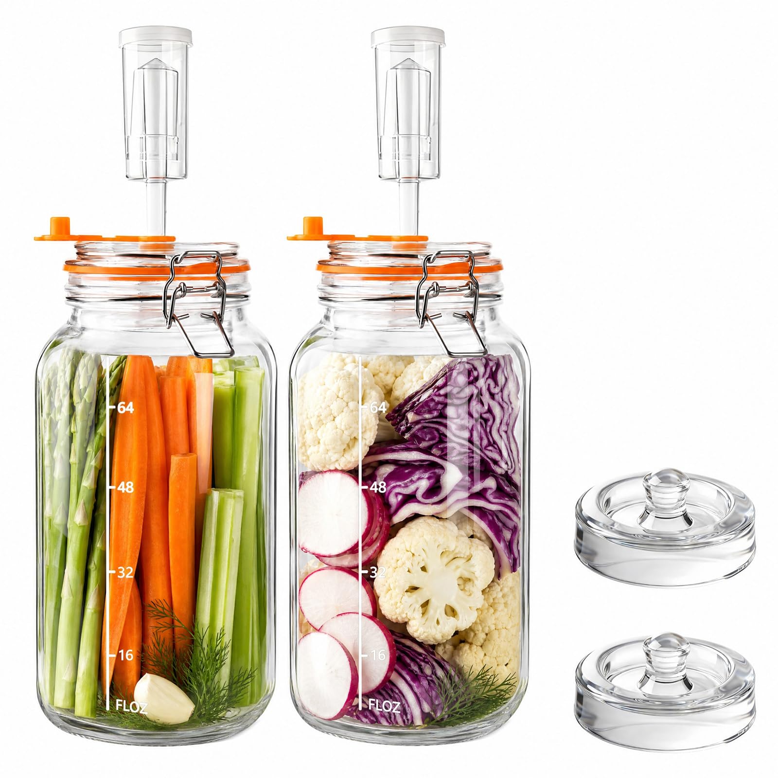 Juego de 2 vasos de fermentación de 64 oz, vidrio de fermentación con ventilación de fermentación y peso, frasco de fermentación con líneas de escala para chucrut, kimchi, kombucha y