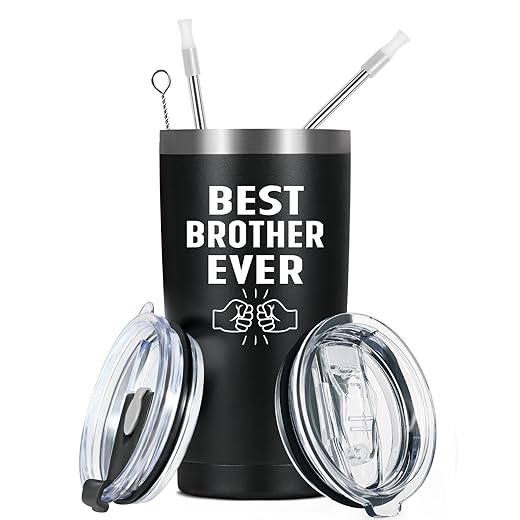 LiqCool Best Brother Ever Tumbler, Brother Gifts from Sister, Best Gifts for Brother Adult, Birthday Gifts for Brother, 20 Oz Insulated Tumbler with Lid and Straw, Stainless Steel(Black)