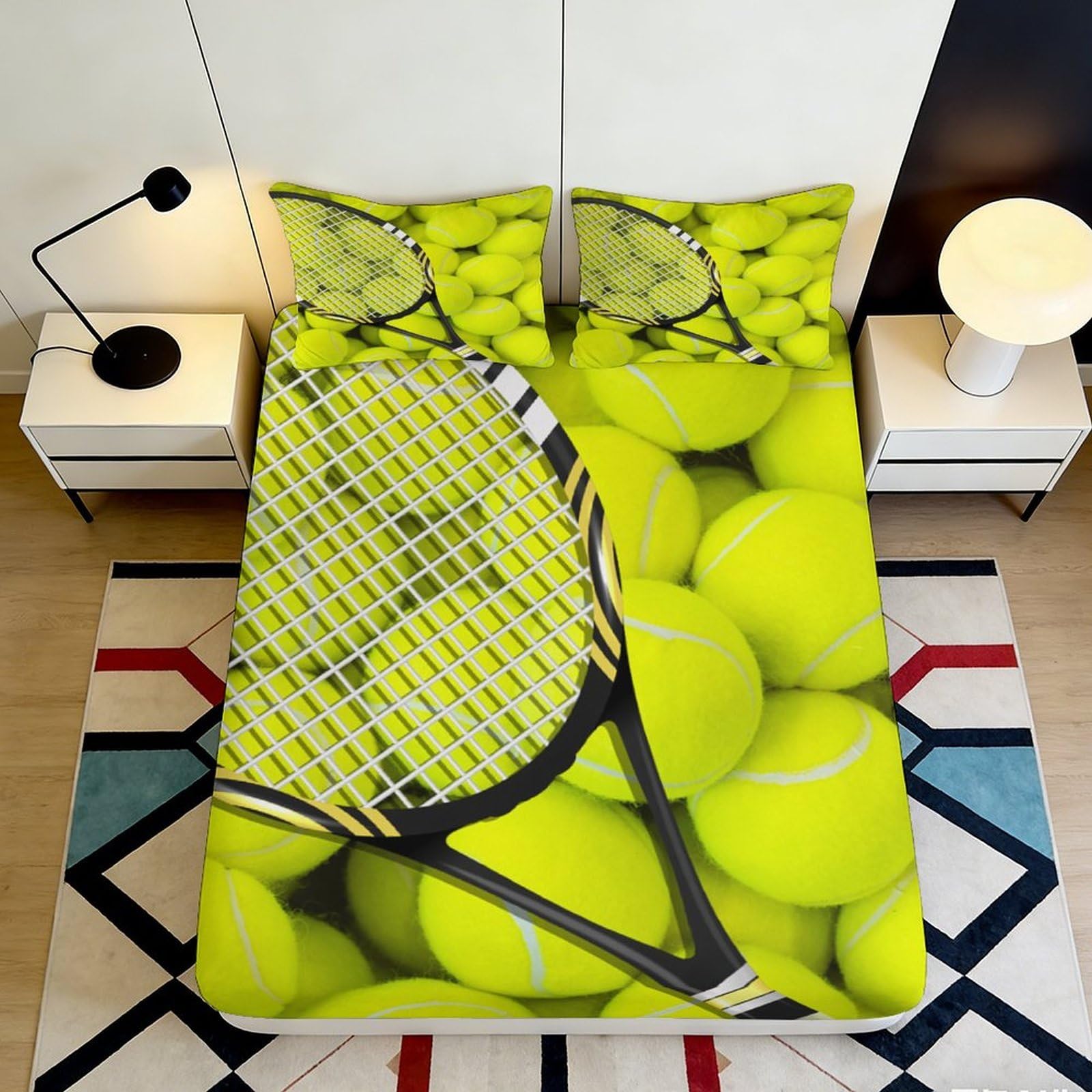 3D Printed Tennis Ball Fitted Sheet Microfiber Soft Anti-Slip Racket Bed Cover for Bedroom Dorm Mattress Protector 180x200x25cm