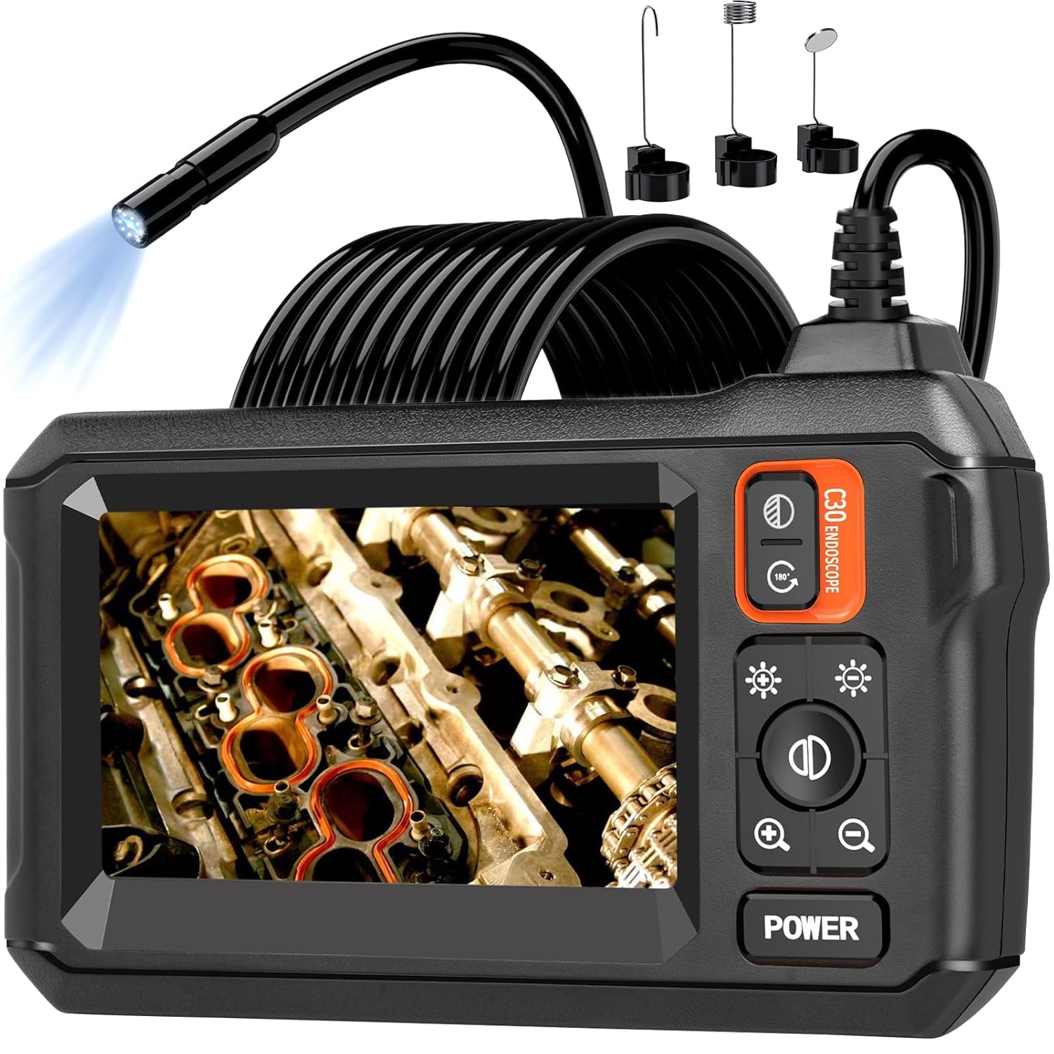 Endoscope Camera with Light, Inspection Borescope Camera with 4.3" IPS Screen, 1920P HD with 8 LED Lights, 16.4FT Semi-Rigid Cord Bore Scope, IP67 Waterproof Endoscope for Sewer, Tools(Orange)-image-0