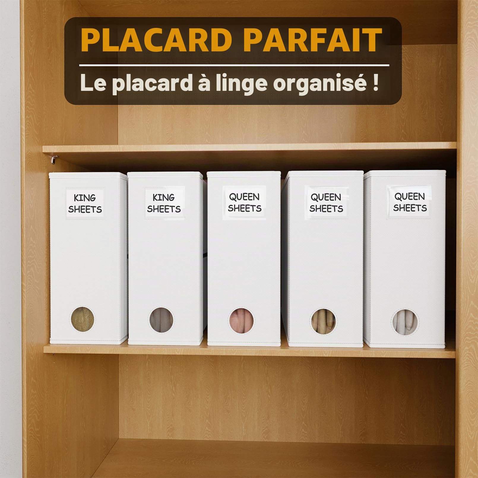 SpaceAid Lot de 5 organiseurs de draps de lit pliables pour placard en lin, ensemble de draps avec fenêtre XL (grand et très grand lit), blanc