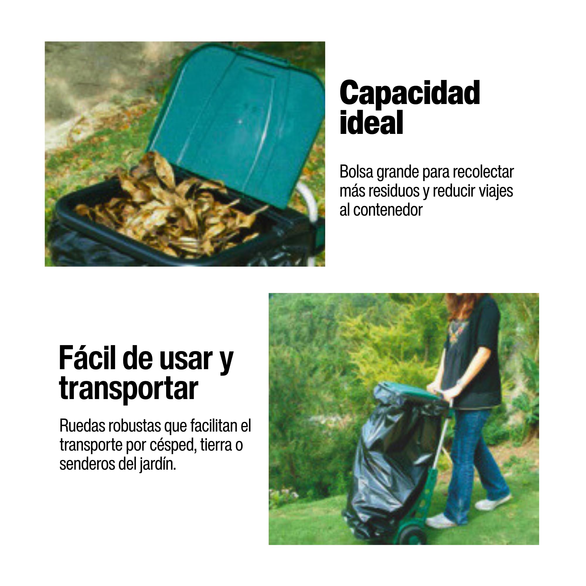 Riegolux 755061 – Carro Saco Jardín | Carrito recolector de jardín con bolsa plástica resistente | Ruedas robustas para césped, residuos y hojas | Accesorio de jardinería