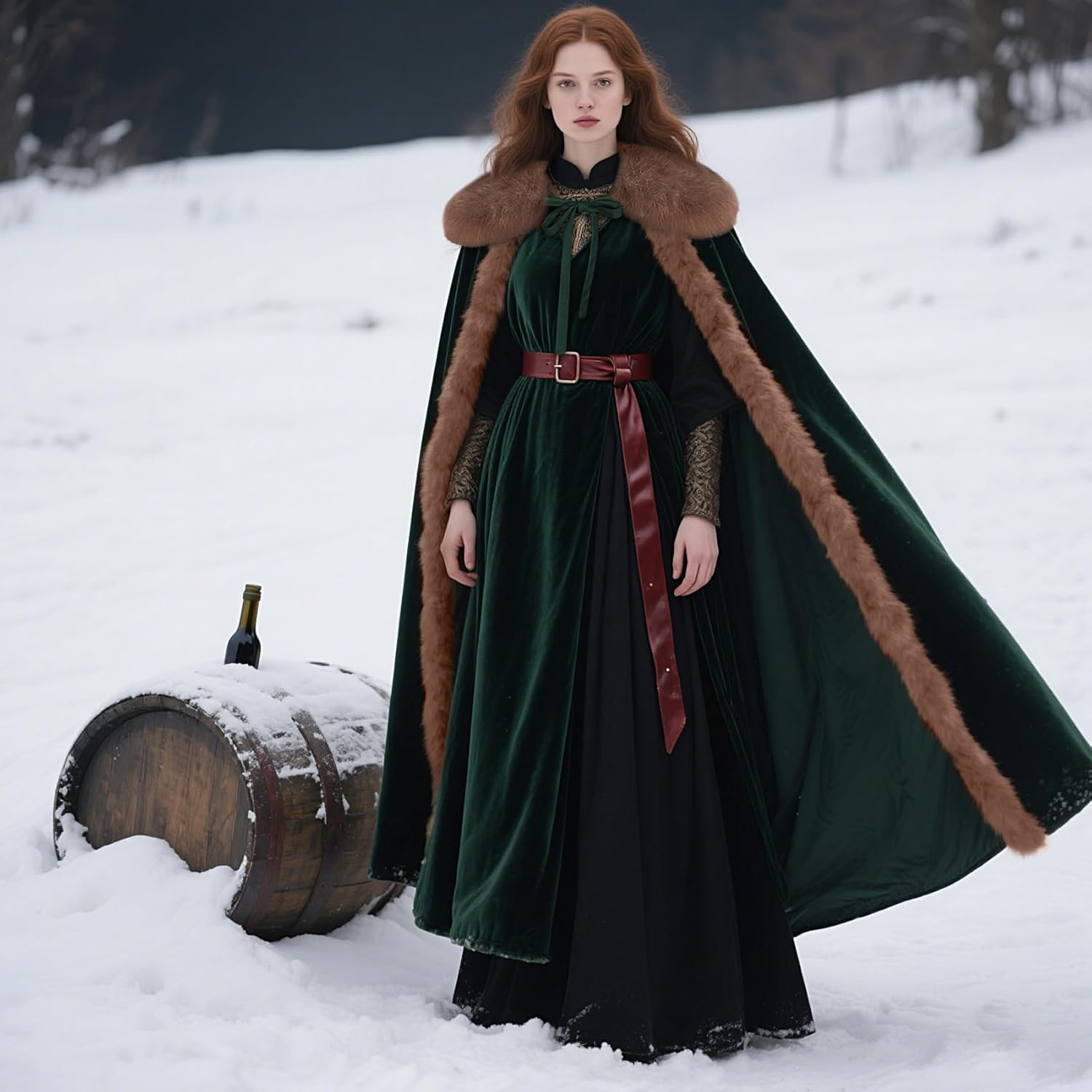 Joukavor Renaissance Velvet Cape with Viking Fur Collar for Women Halloween Costume - Image 3