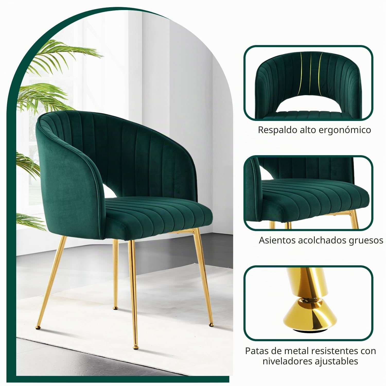 Juego de 2 sillas de comedor de terciopelo, sillas de mesa de comedor con reposabrazos, respaldo curvado, patas doradas, sillas de cocina, sillones para salón, dormitorio