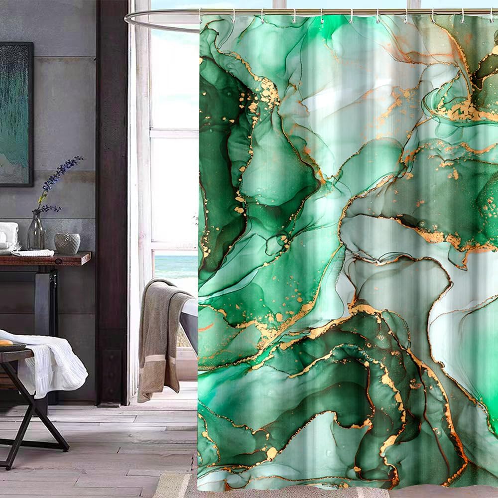 Aowbrosyne Green Marble Fabric Shower Curtain,Abstract Modern Luxury Green White