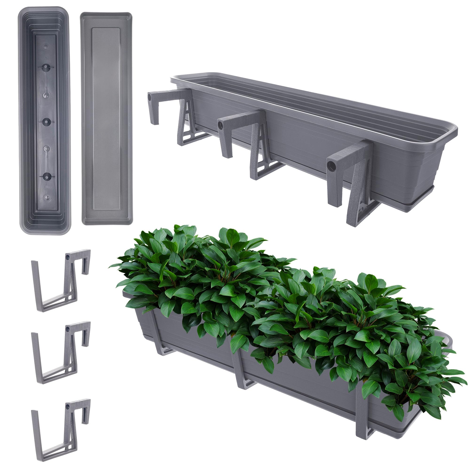 KADAX Jardinera con platillo en juego, con o sin soportes para jardineras, maceta de plástico para balcón, jardinera, barandilla, maceta (antracita, 80 cm + soportes), K10028