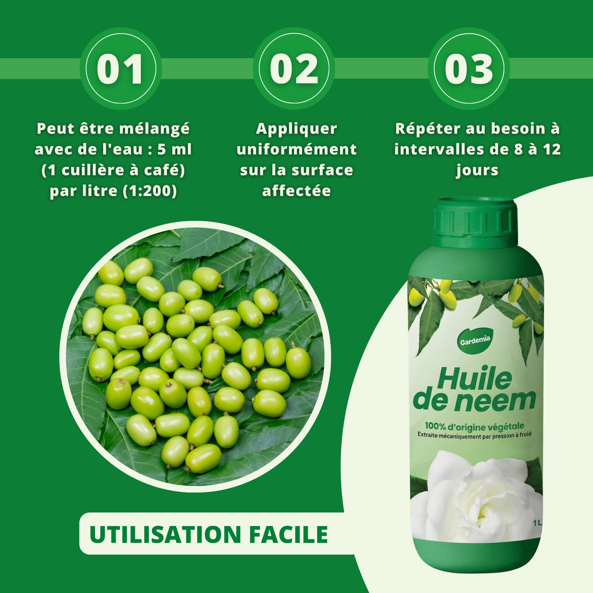 Gardemia Huile de Neem avec Émulsifiant 1L miscible à l'eau 100% d'origine végétale extraite mécaniquement par pression à froid des fruits du Néemier
