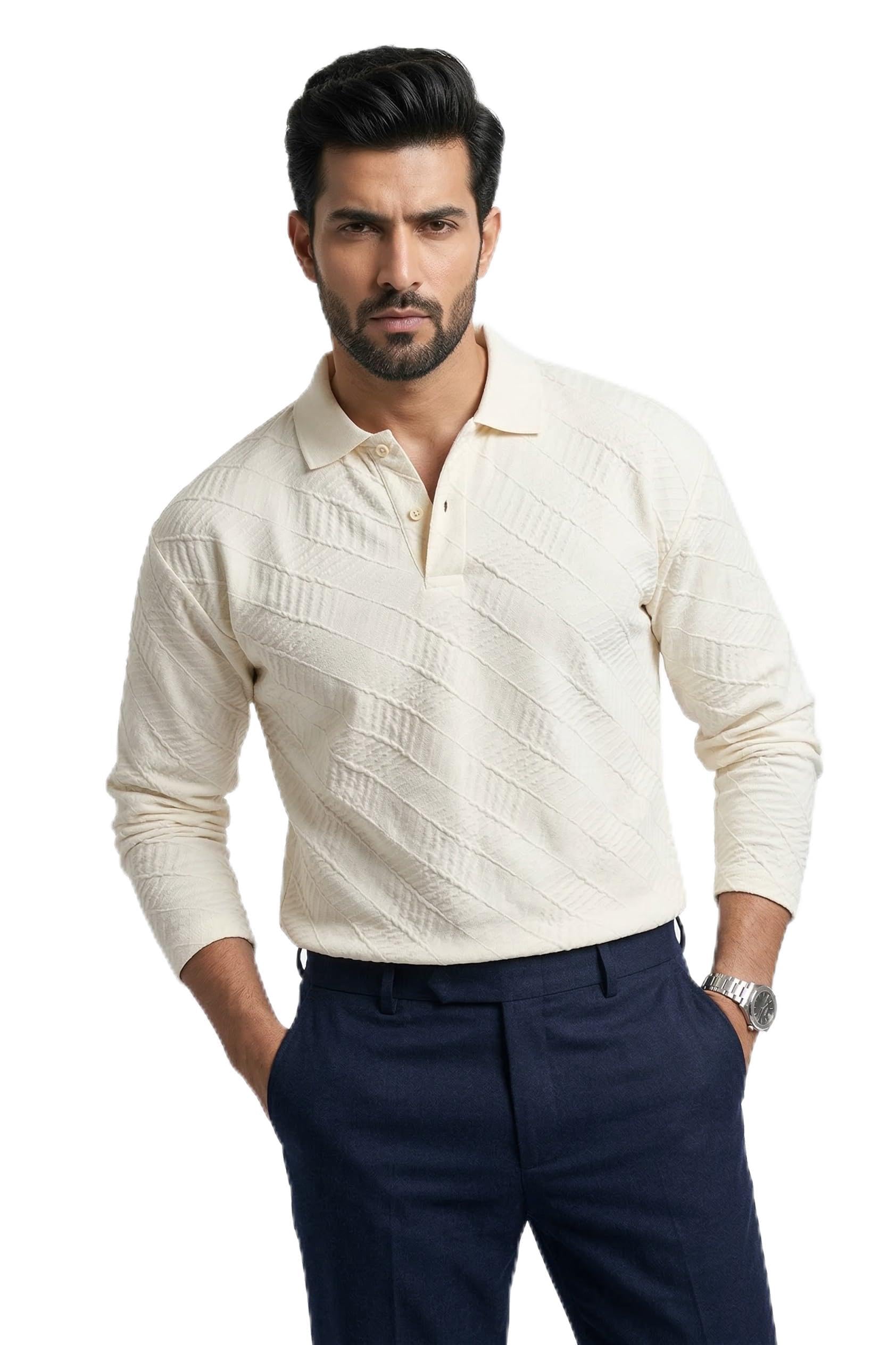 Men's Polo T-Shirt | Linear Jacquard Full Sleeve Textured Knit Polo | Smart Casual Collared Stretch Fabric Tee | Stylish Everyday Wear for Men-image-37