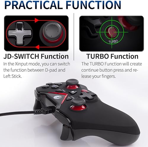 Miniatura 4 de V-one Mando con cable USB para juegos, joystick para PC (Windows XP/7/8/10/11) y Steam, Android, PS3 - Rojo