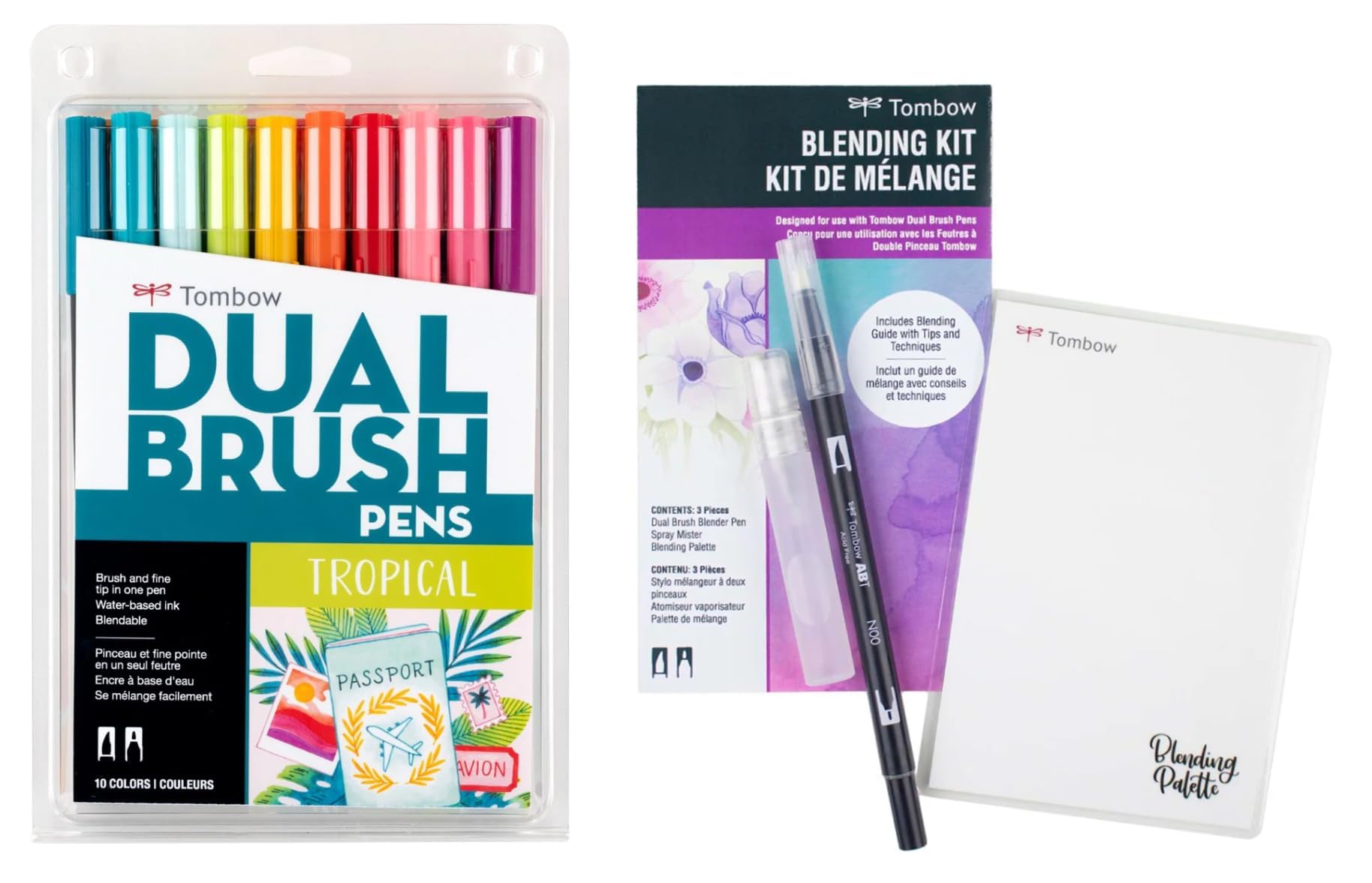 Art Marker Collection: Tropical 10 Piece Dual Brush Pen Set with Blending Palette Kit