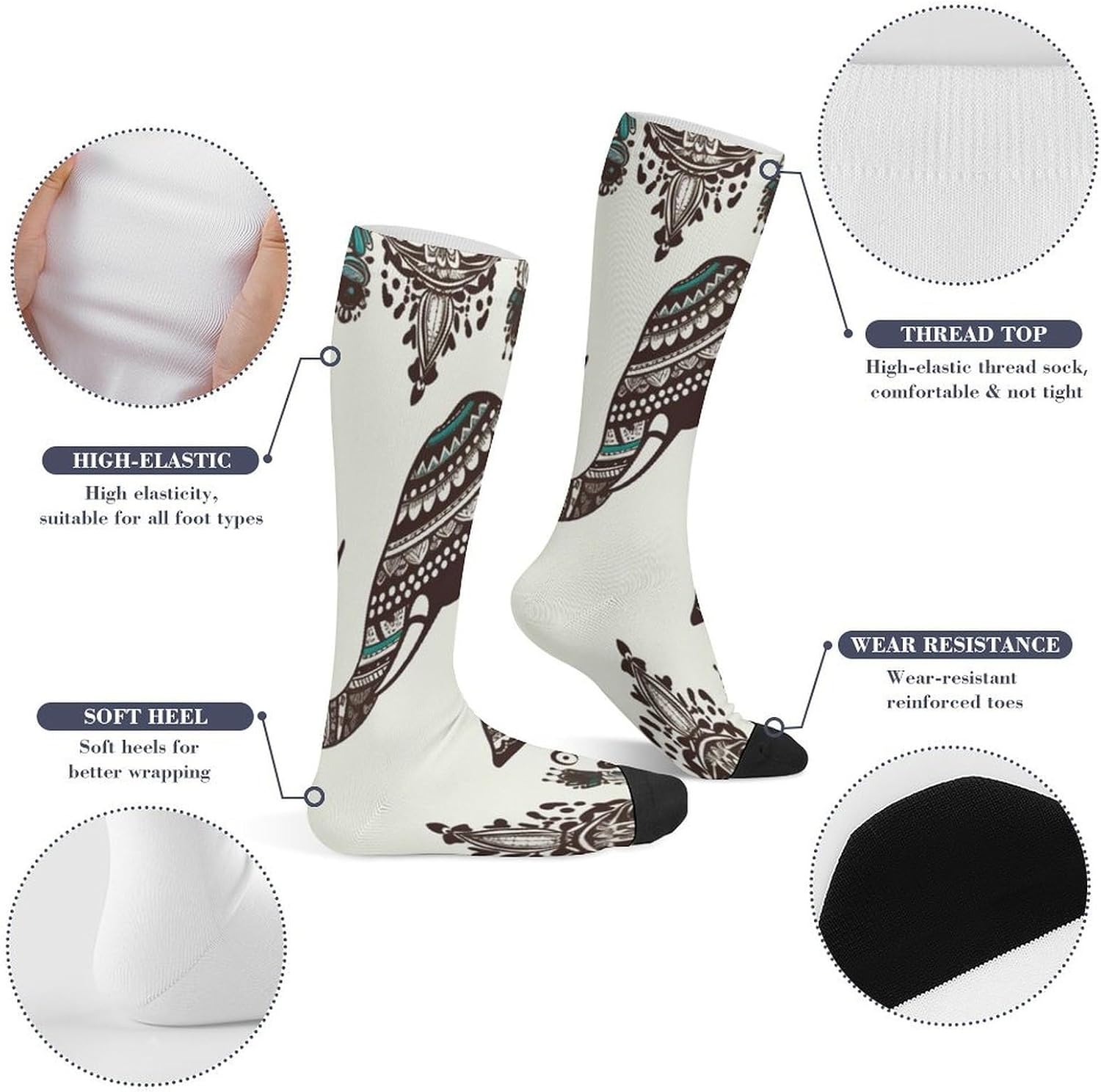 Boho Elephant Knee High Soccer Socks Moisture Wicking