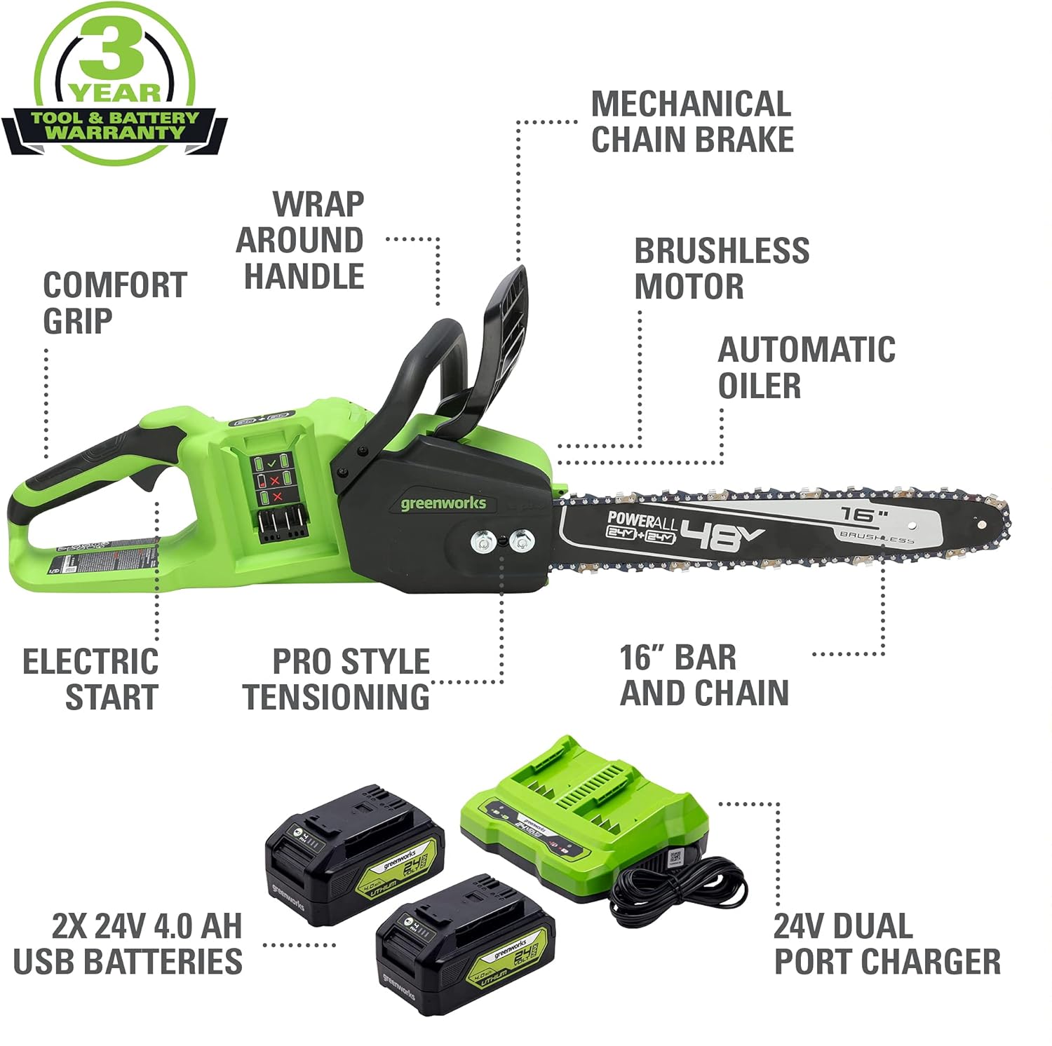 greenworks 48v (24v x 2 ) 16" brushless cordless chainsaw (great for tree felling, limbing, pruning, and firewood / 200+ compatible tools), (2) 4.0ah batteries and dual port rapid charger included 16" (2 x 4.0ah)