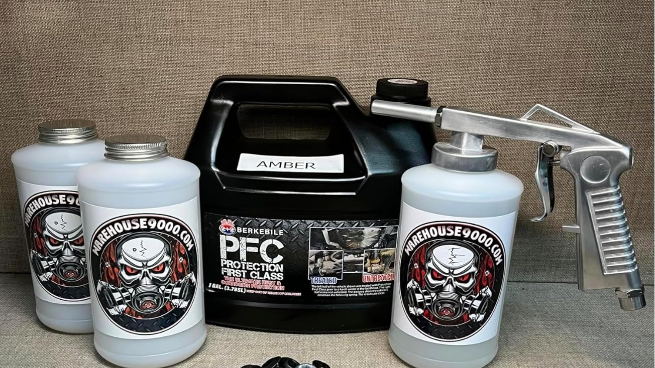 Gallon PFC Amber, Standard Economy Undercoating Spray Gun, and 3 White Quart Bottles
